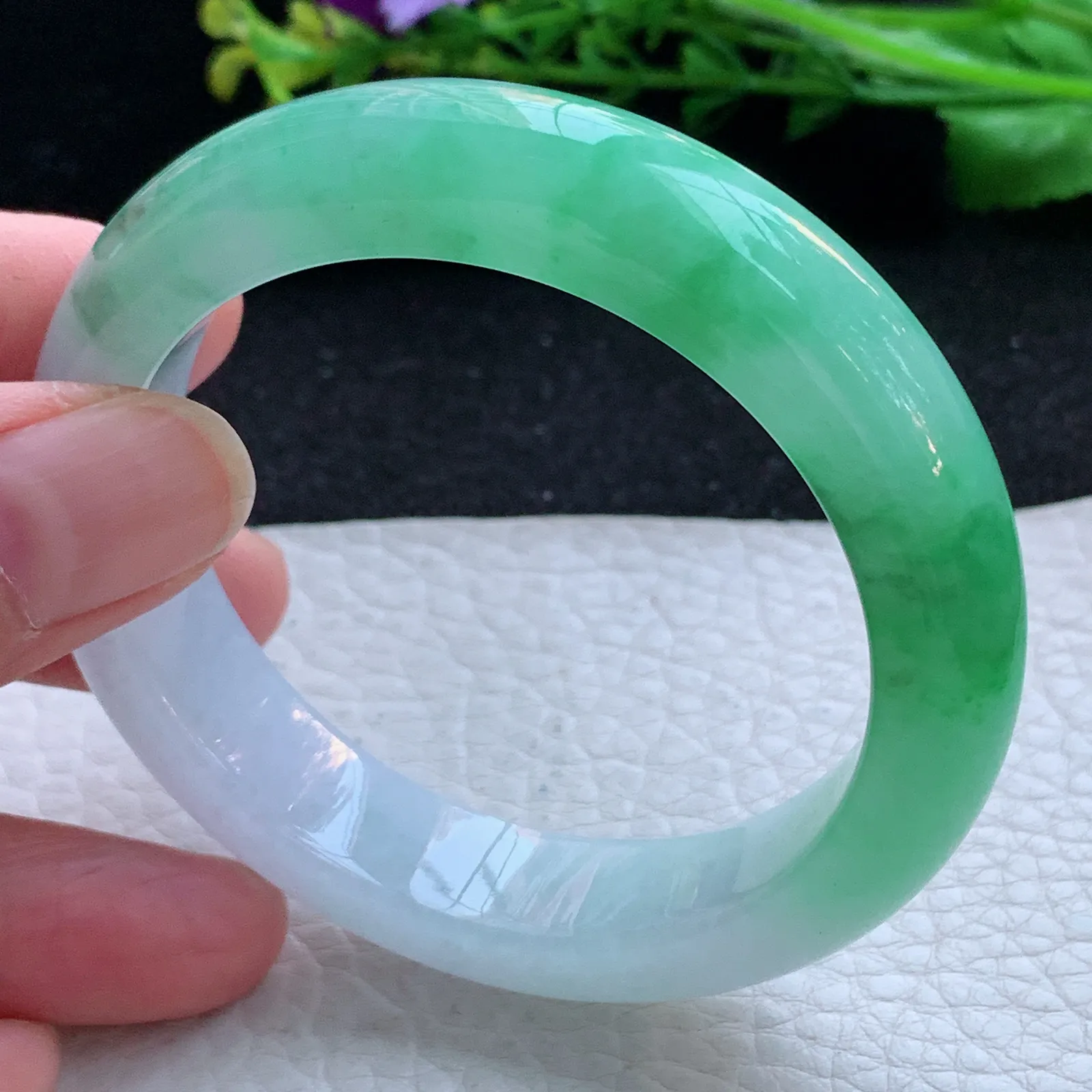 faa自然光53*13*8.8平安镯 缅甸翡翠a货玉手镯冰绿双彩宽边玉手环