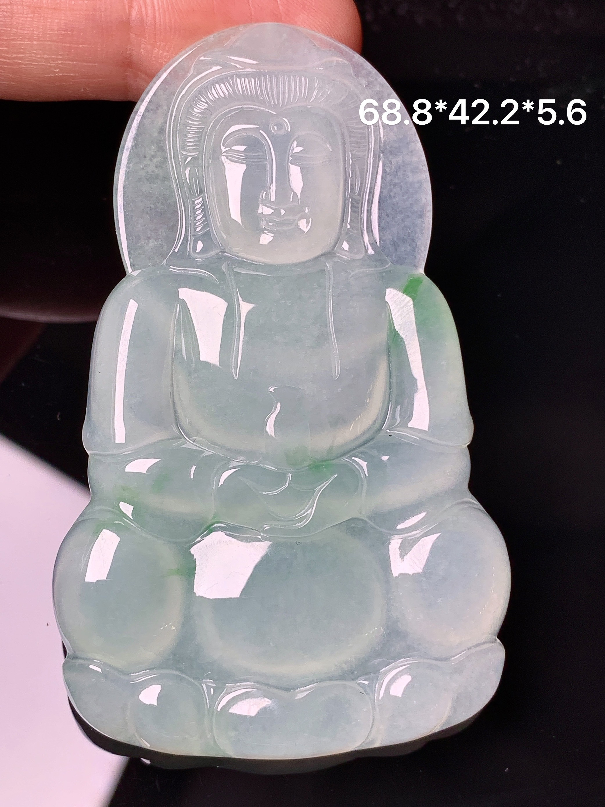 冰种观音吊坠 玉质细腻 色泽艳丽清新 整体尺寸68.8*42.2*5.6
