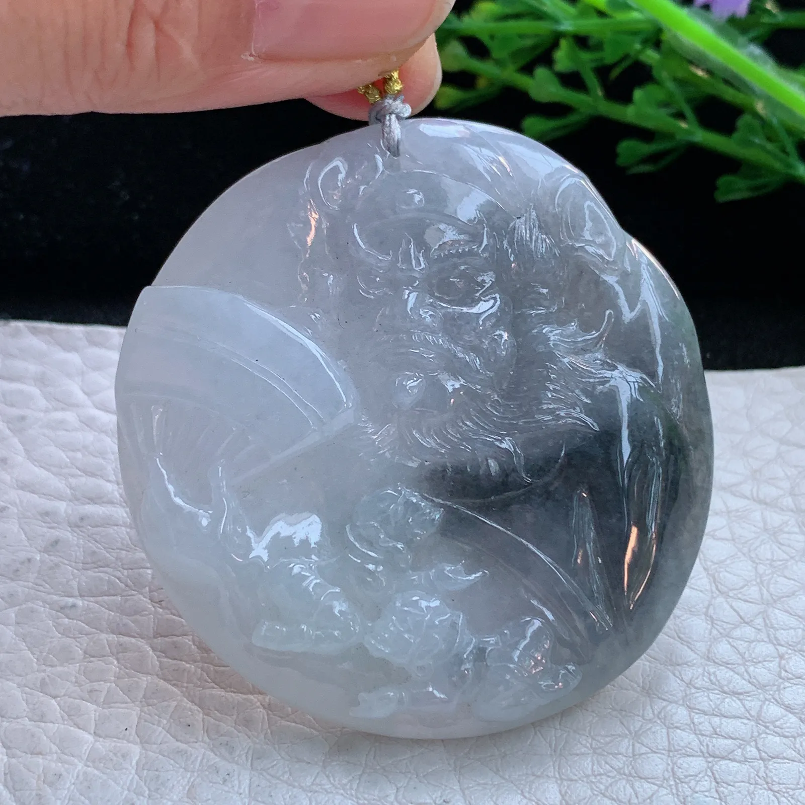 rp自然光50*48.5*7.3缅甸翡翠精雕冰双翻彩达摩玉吊坠 玉挂件