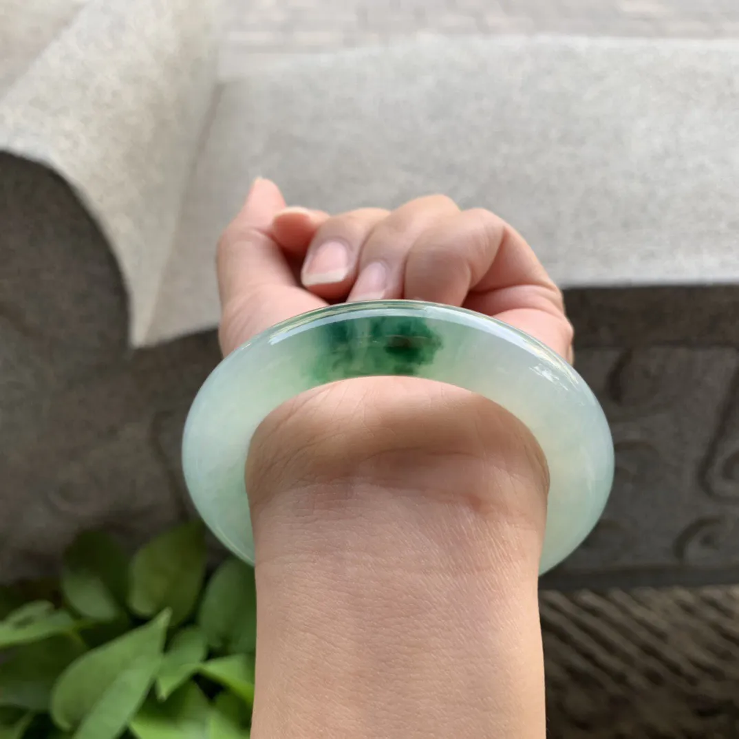 小圈口53.8-12.1 【冰飘绿圆条手镯】圆条53 54可戴