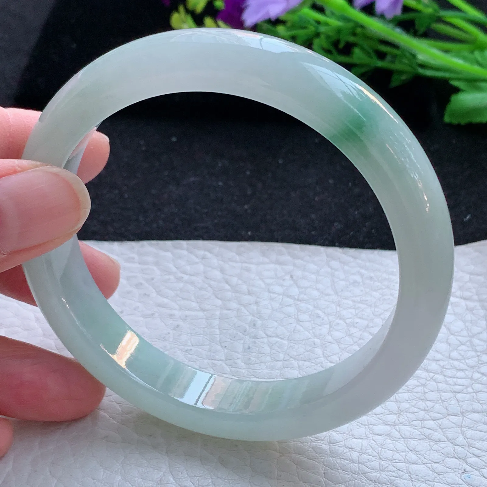 yh大圈口63*12.6*8.2平安镯 缅甸翡翠a货玉手镯冰飘花宽边玉手环