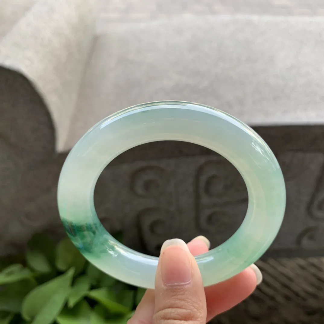 小圈口53.8-12.1 【冰飘绿圆条手镯】圆条53 54可戴