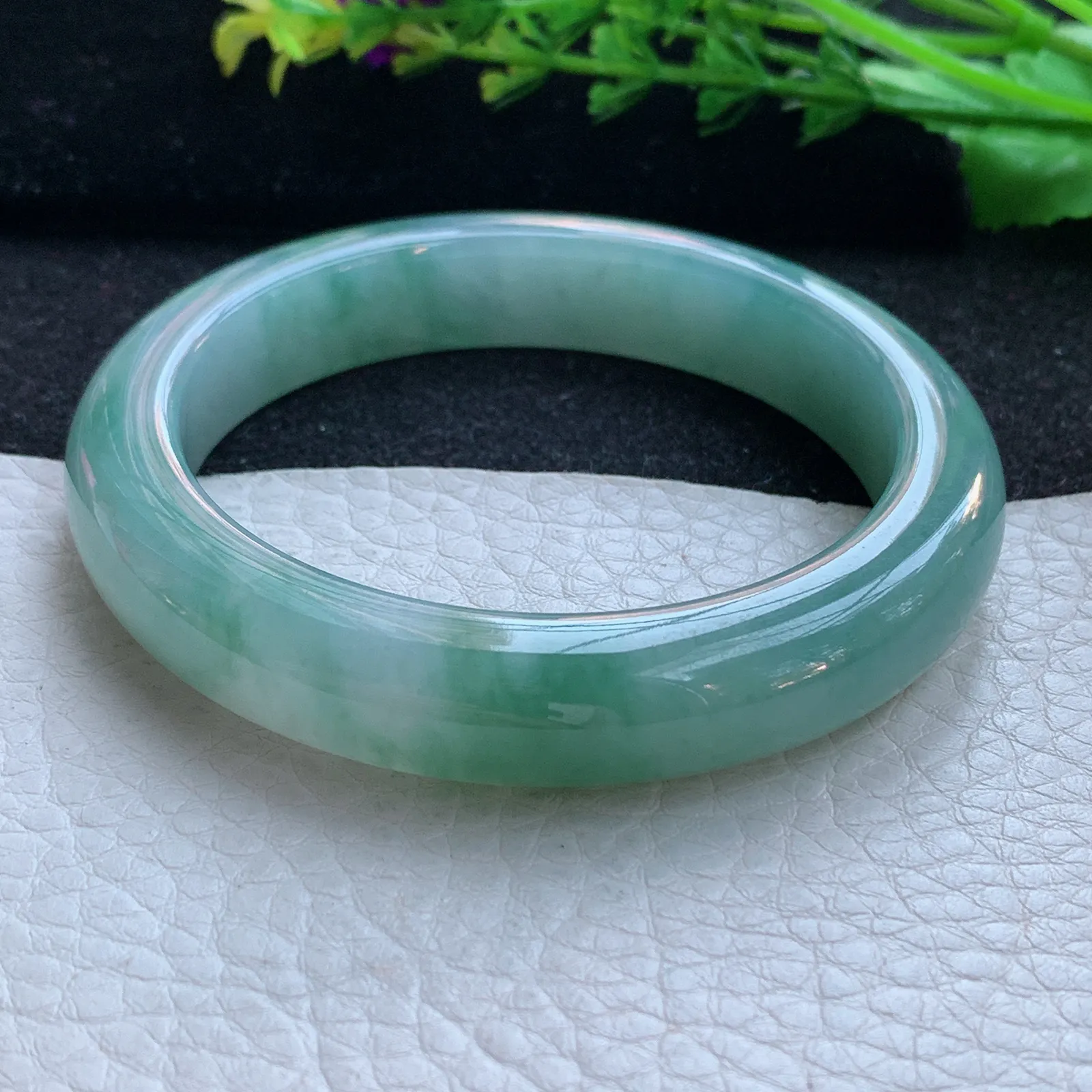 z自然光56*11.8*9.2平安镯 缅甸翡翠a货玉手镯冰飘花胶感宽边玉手环