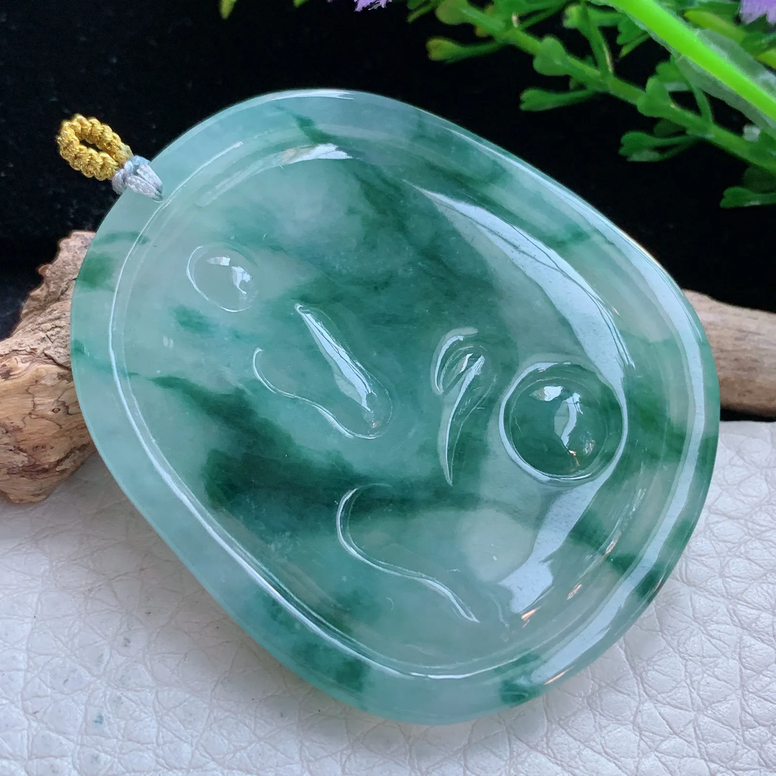 rp自然光53*45.3*5.8缅甸翡翠精雕冰飘花普贤观音菩萨玉吊坠 玉挂件