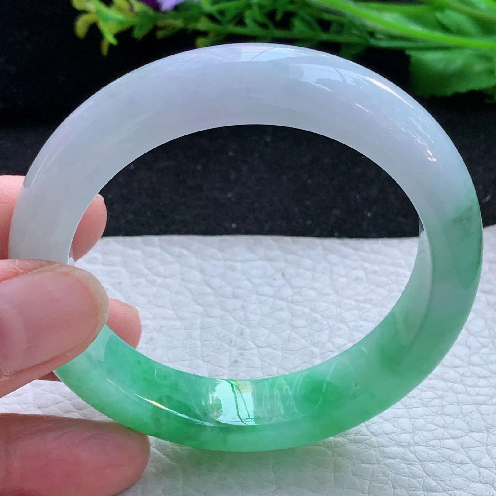 faa自然光53*13*8.8平安镯 缅甸翡翠a货玉手镯冰绿双彩宽边玉手环