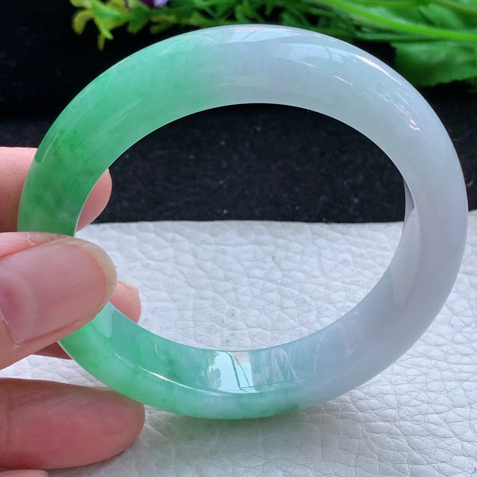 faa自然光53*13*8.8平安镯 缅甸翡翠a货玉手镯冰绿双彩宽边玉手环