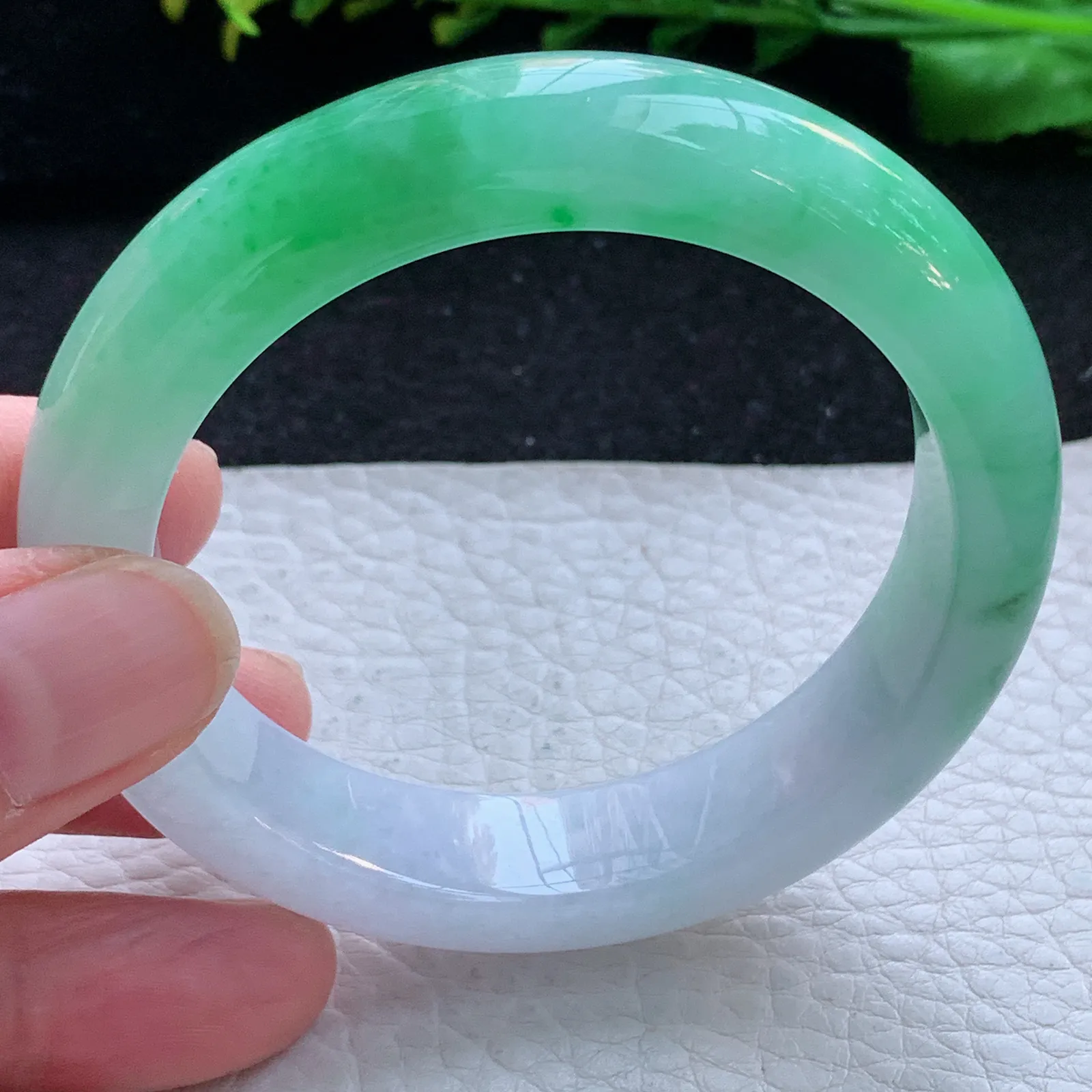 faa自然光53*13*8.8平安镯 缅甸翡翠a货玉手镯冰绿双彩宽边玉手环