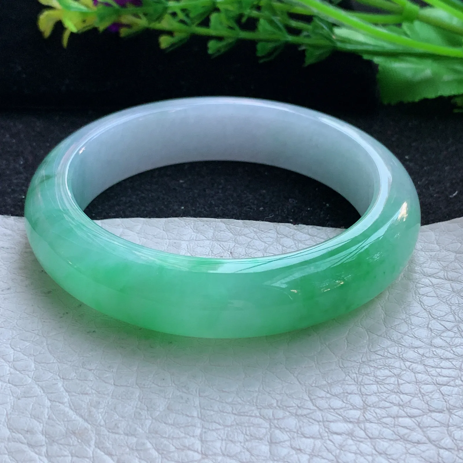 faa自然光53*13*8.8平安镯 缅甸翡翠a货玉手镯冰绿双彩宽边玉手环