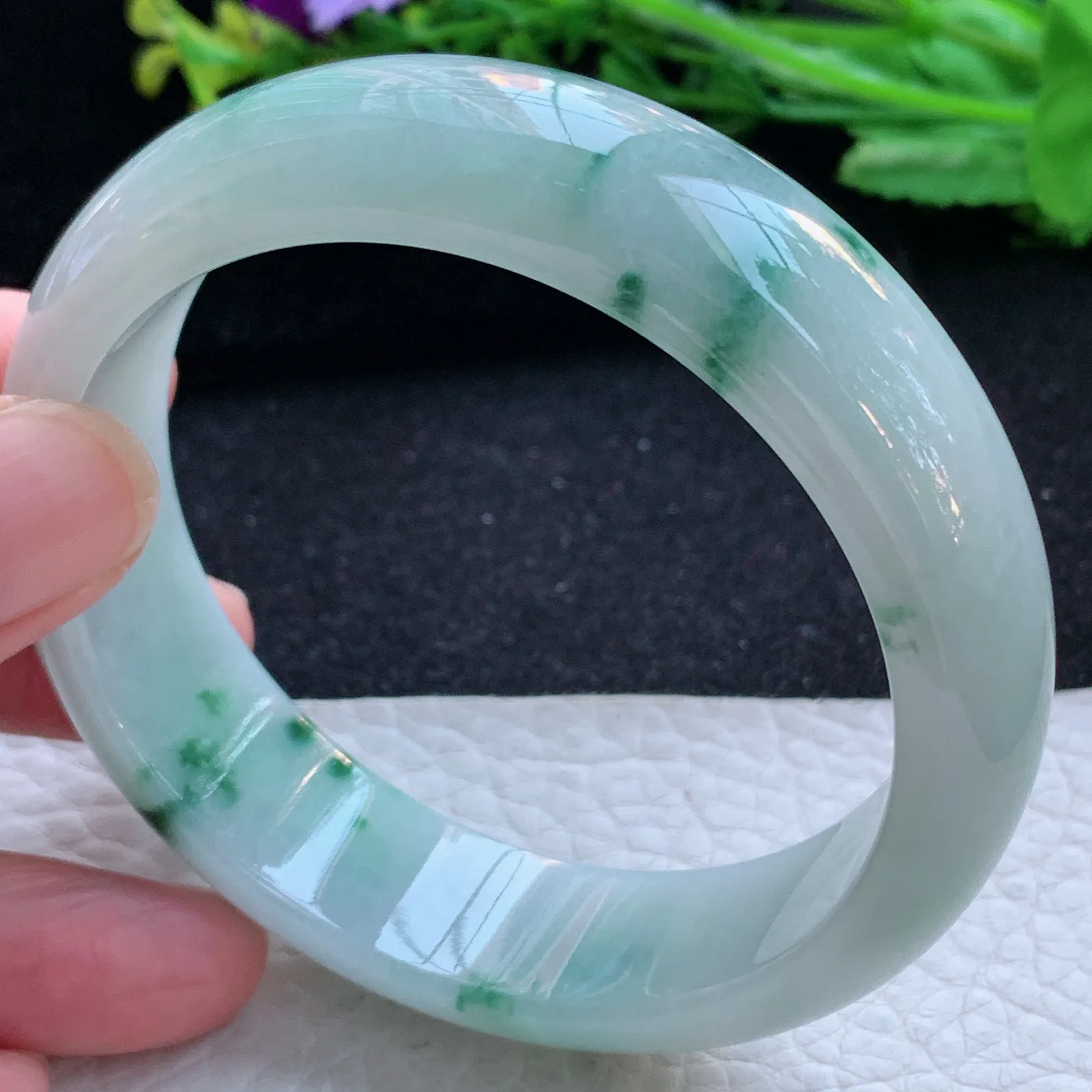 fy自然光59*16.7*8.2轮胎镯 缅甸翡翠a货玉手镯飘花厚装大气宽边玉手环