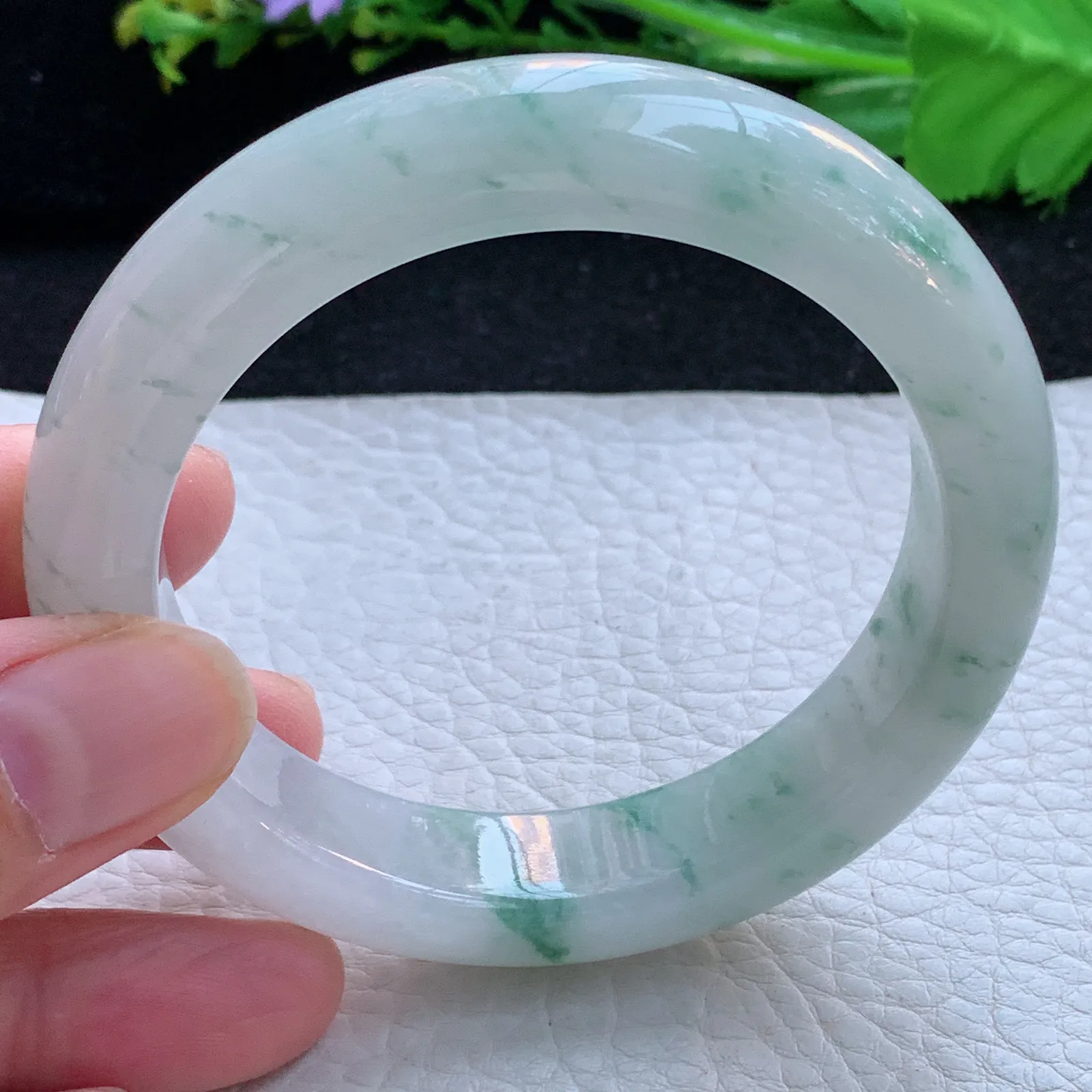 js自然光56*13.3*9.3平安镯 缅甸翡翠a货玉手镯冰飘花宽边玉手环