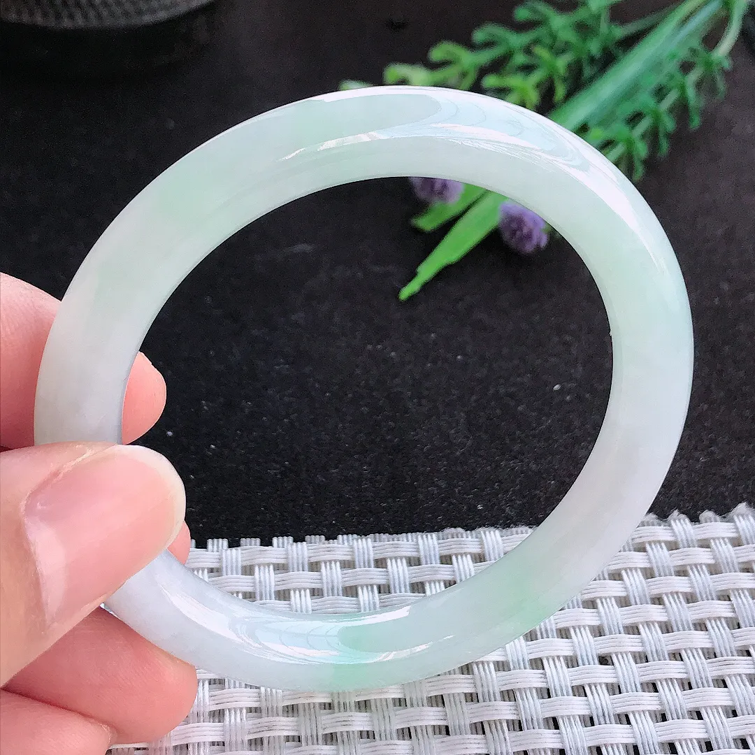 天然A货翡翠53/8.6老坑秀气冰胶冰晴圆条手镯玉手镯