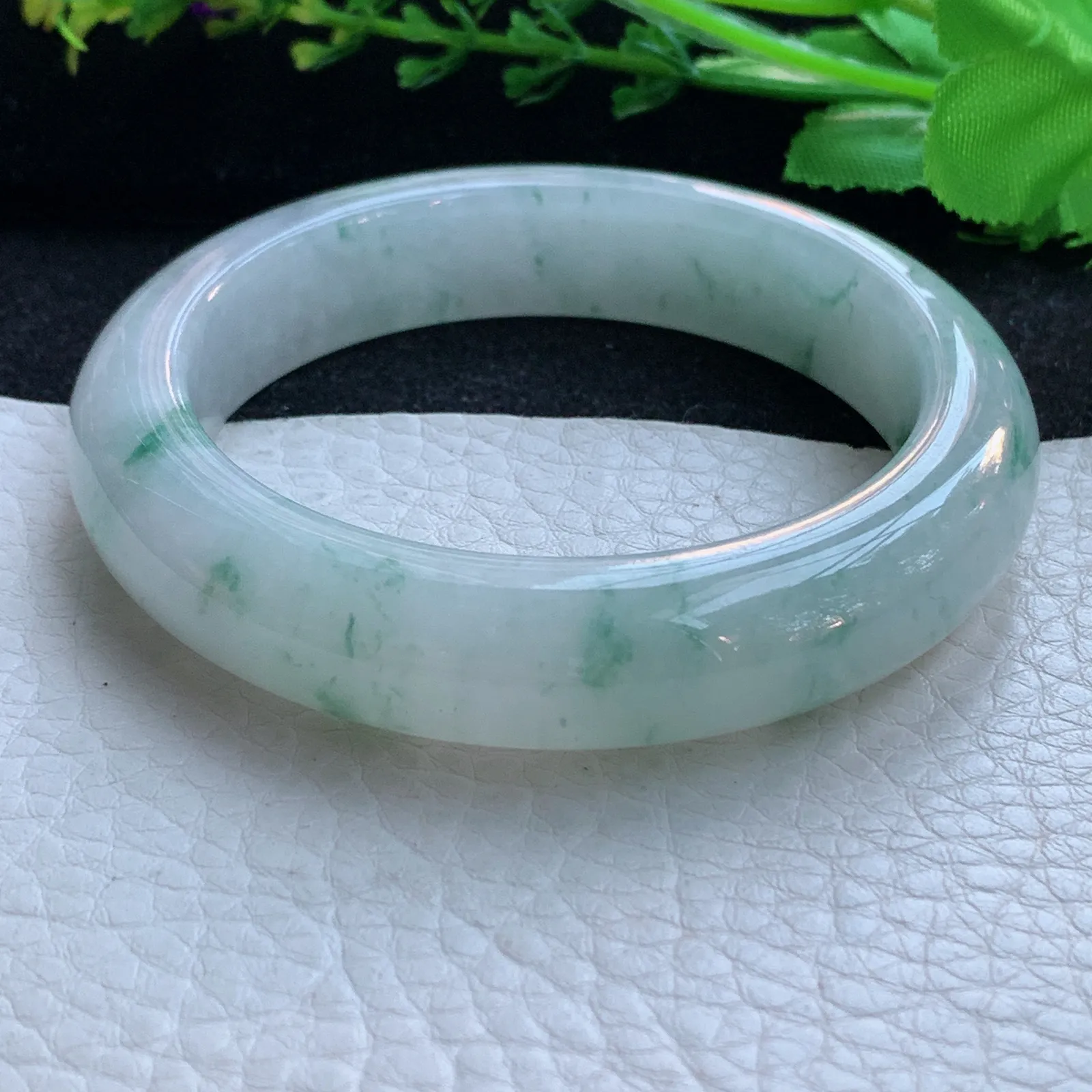 js自然光56*13.3*9.3平安镯 缅甸翡翠a货玉手镯冰飘花宽边玉手环