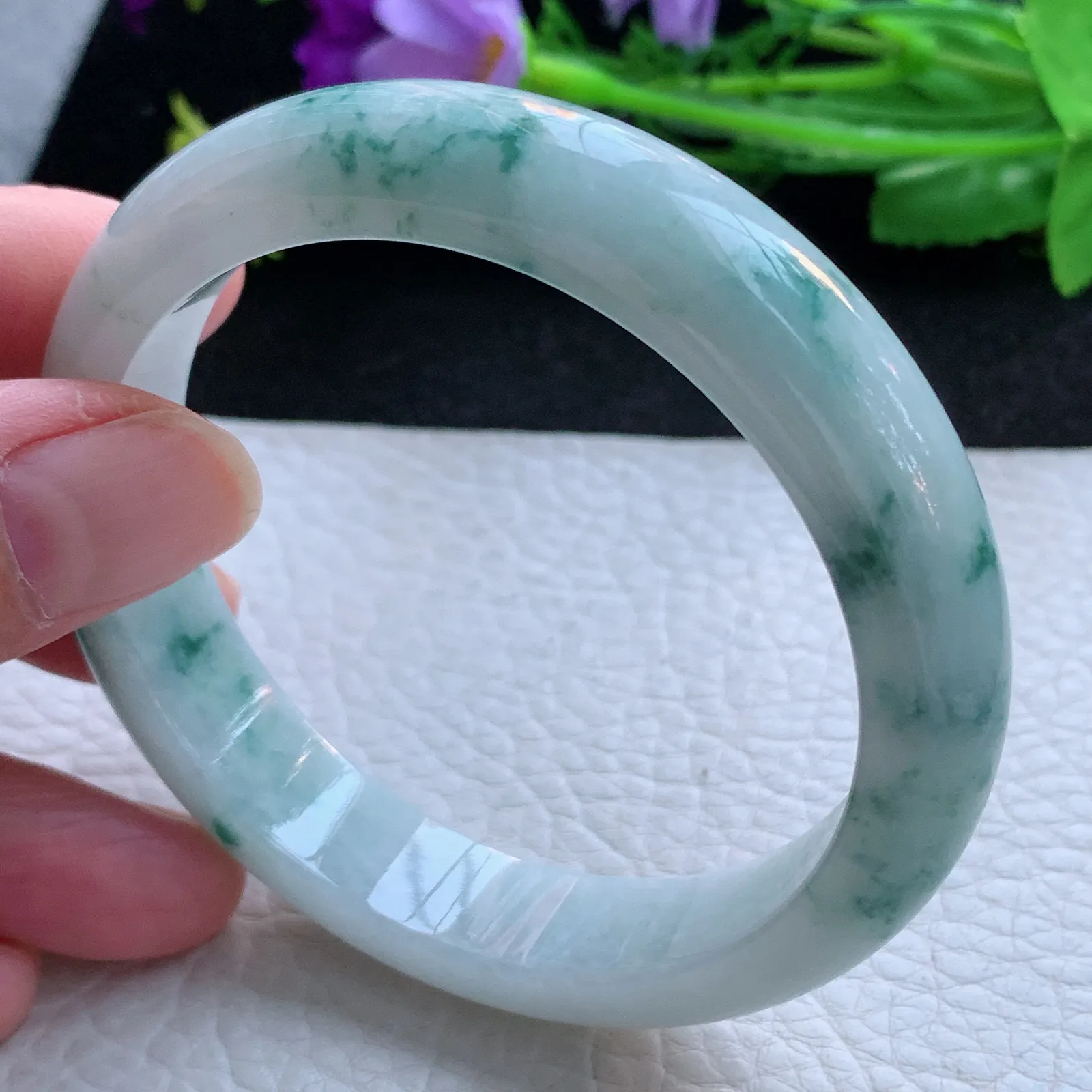 js自然光58.5*13*8平安镯 缅甸翡翠a货玉手镯飘花宽边玉手环