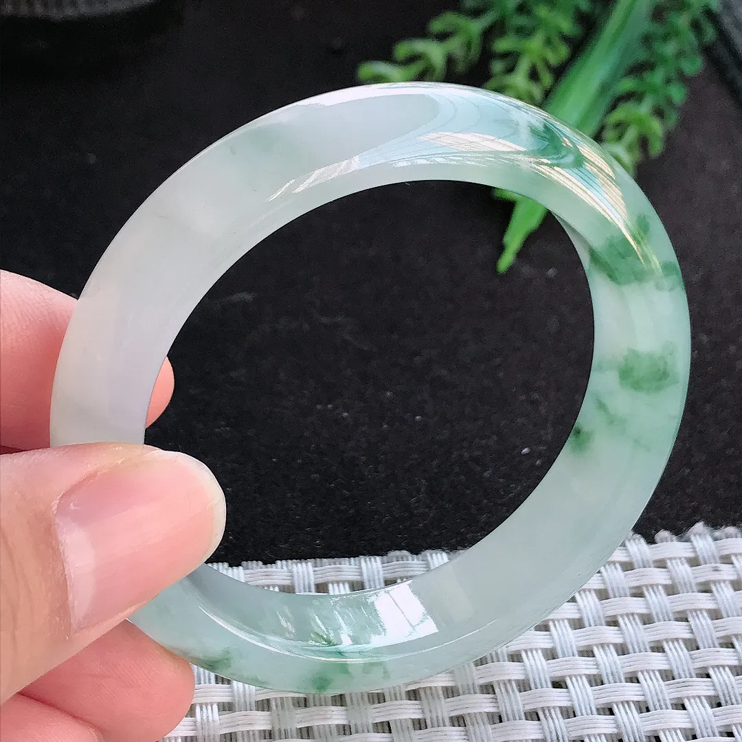 天然A货翡翠52/12.7/8老坑冰胶果冻冰飘花小圈口手镯宽边玉手镯