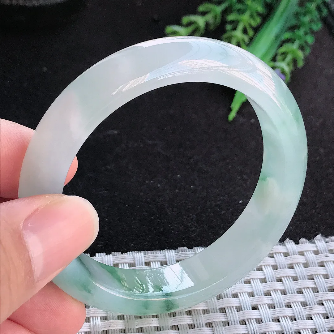 天然A货翡翠52/12.7/8老坑冰胶果冻冰飘花小圈口手镯宽边玉手镯