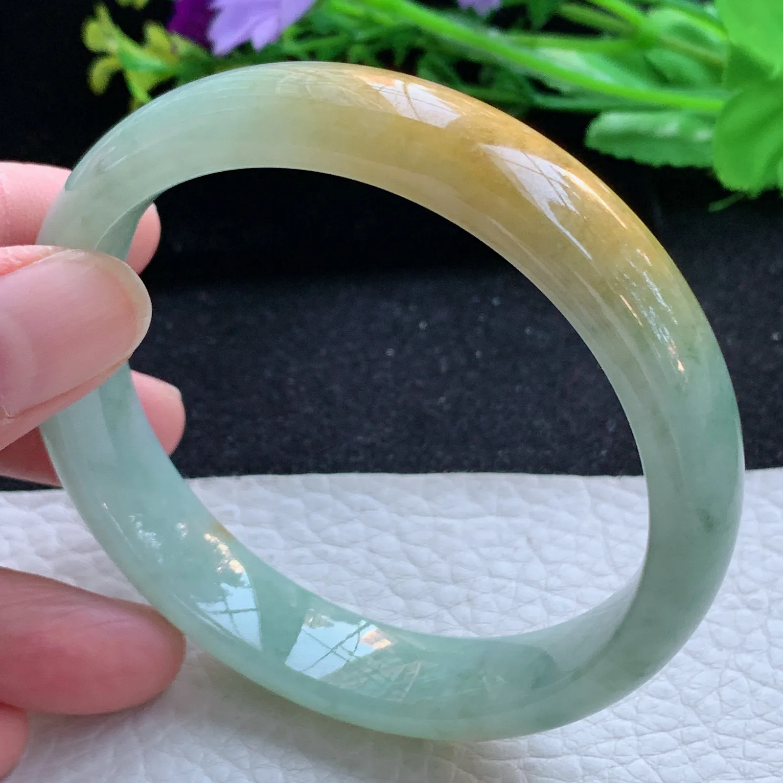 hh大圈口60*13.3*7.4招财镯 缅甸翡翠a货玉手镯冰双彩飘花宽边玉手环