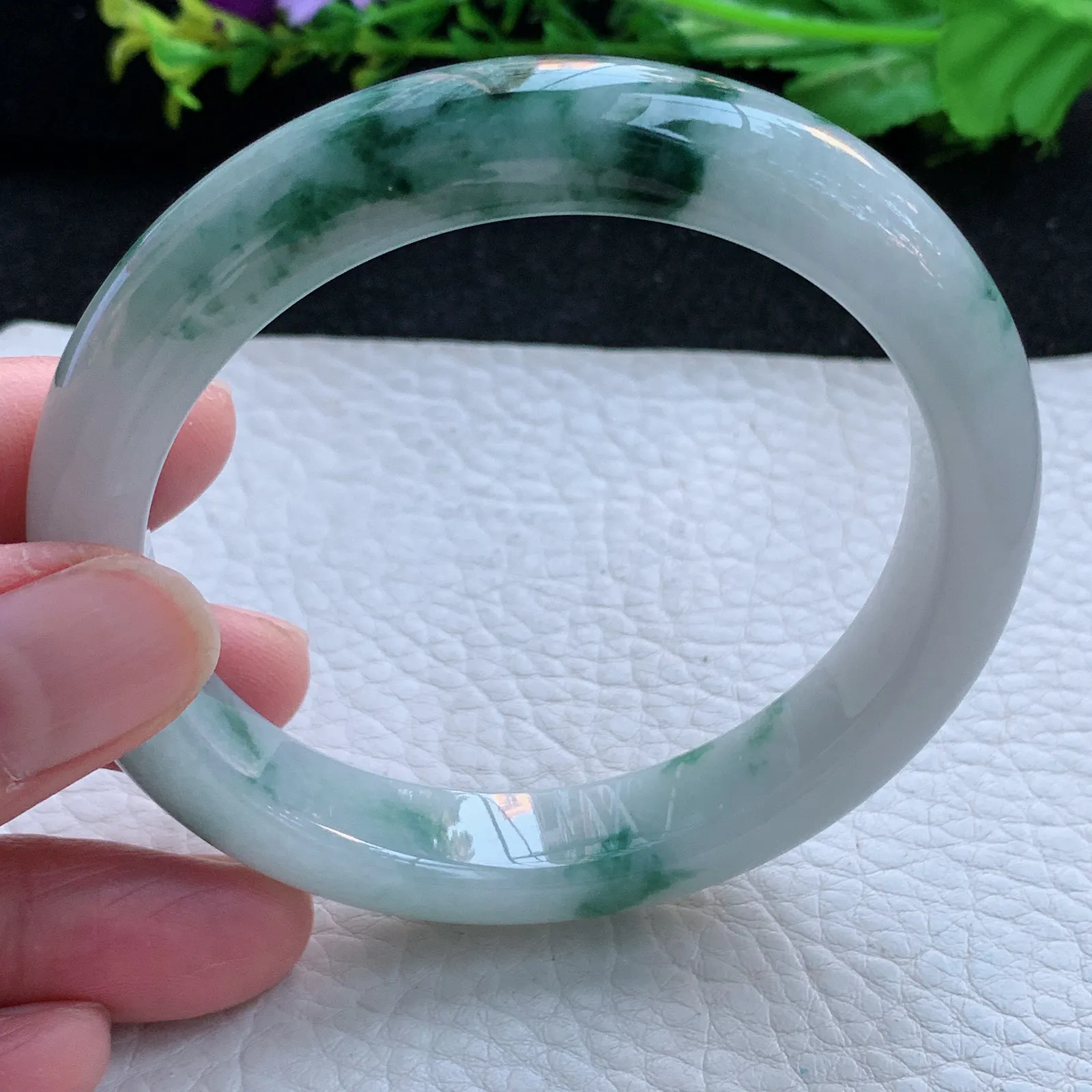 js大圈口58.5*11:8*8.3平安镯 缅甸翡翠a货玉手镯冰飘花宽边玉手环
