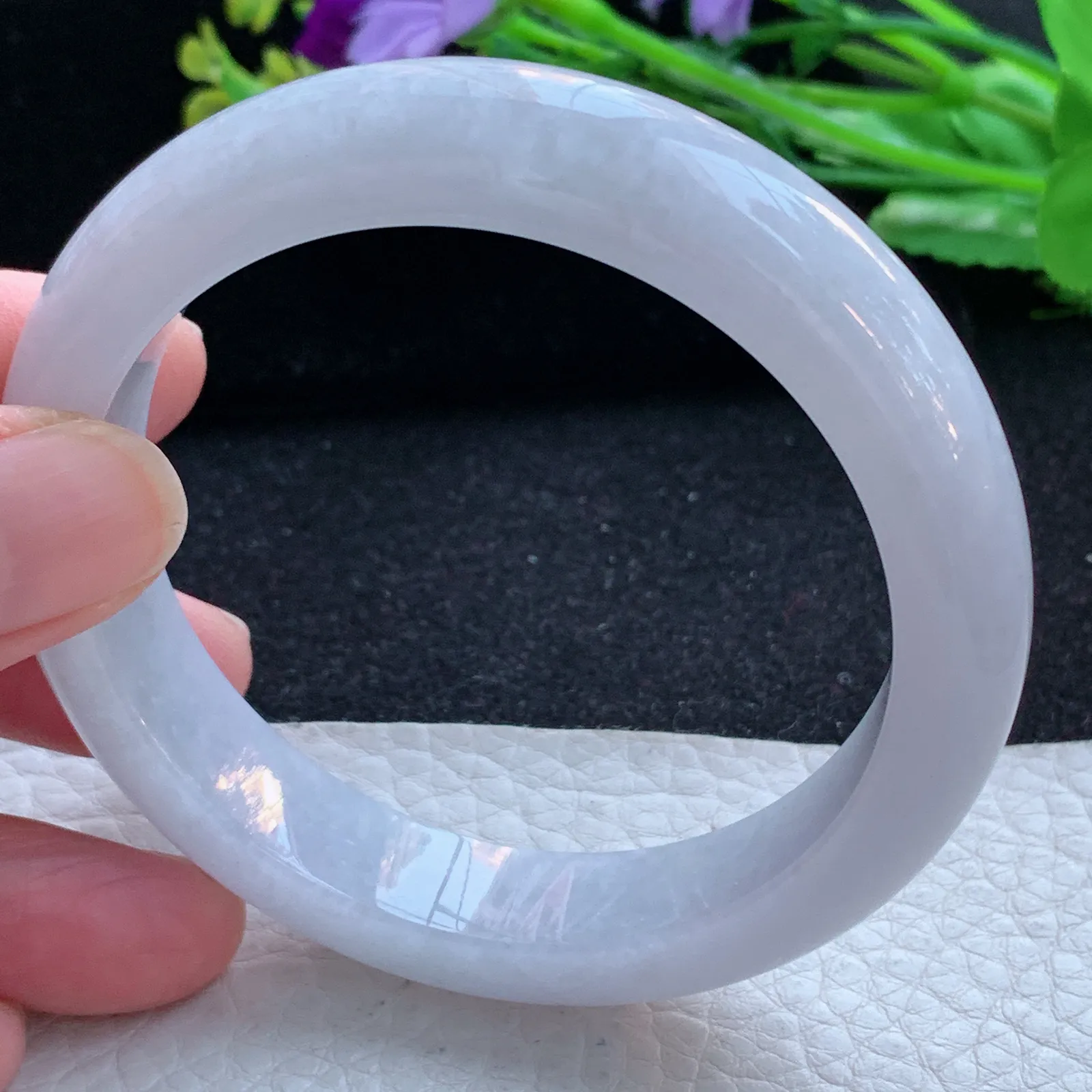 hy自然光58*12.5*8.6平安镯 缅甸翡翠a货玉手镯淡紫底宽边玉手环