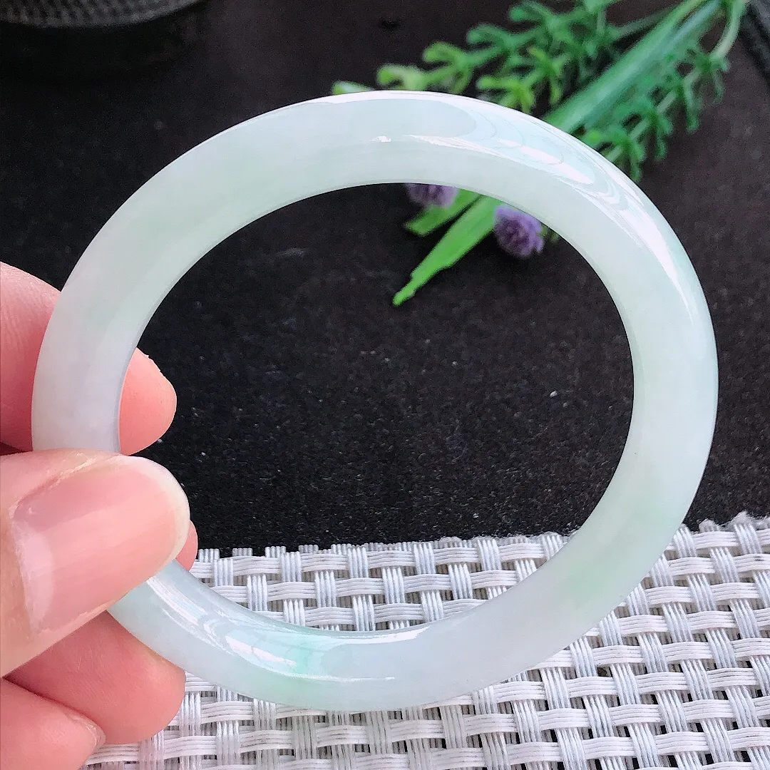 天然A货翡翠53/8.6老坑秀气冰胶冰晴圆条手镯玉手镯