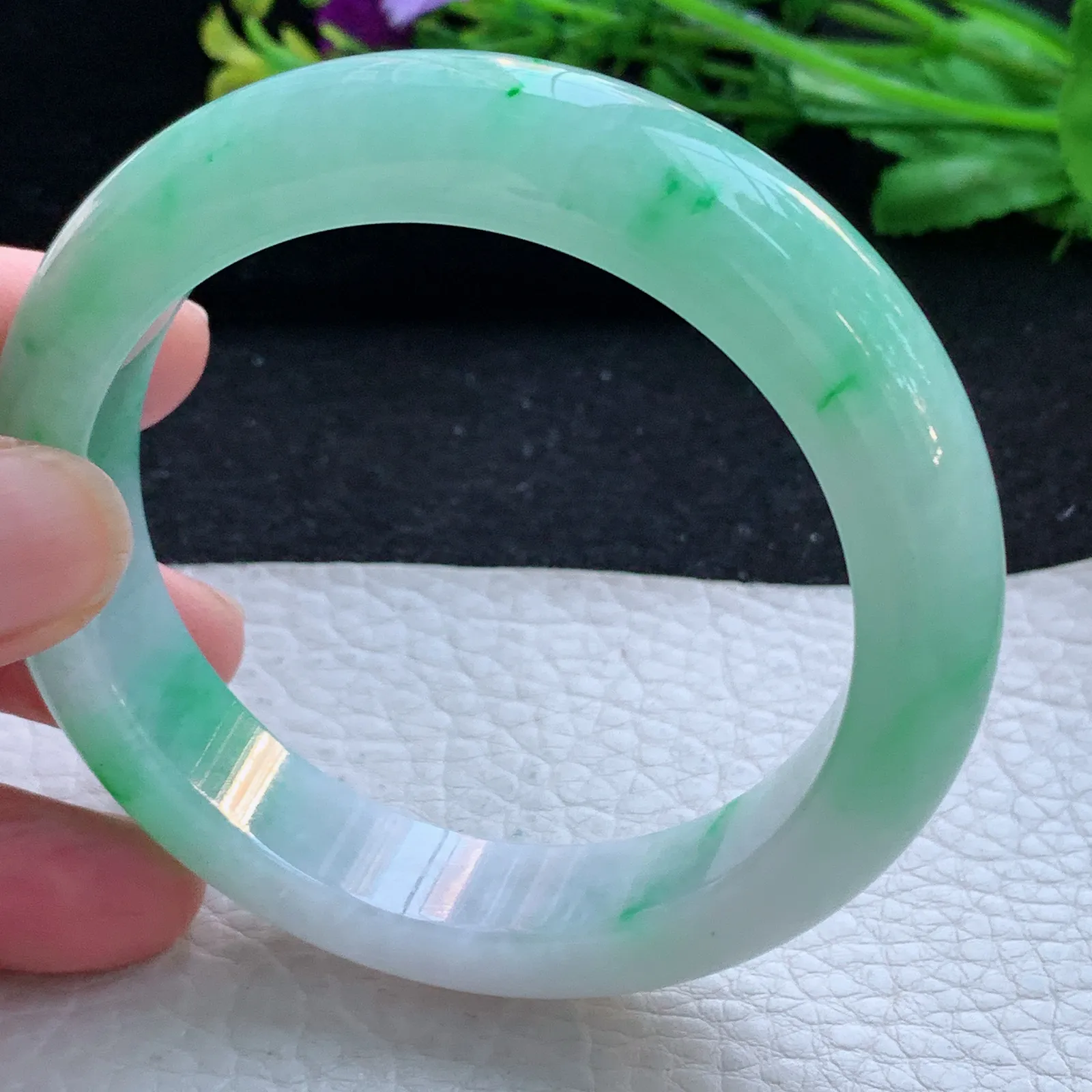 xd自然光57*13.2*9.2平安镯 缅甸翡翠a货玉手镯飘绿花宽边玉手环