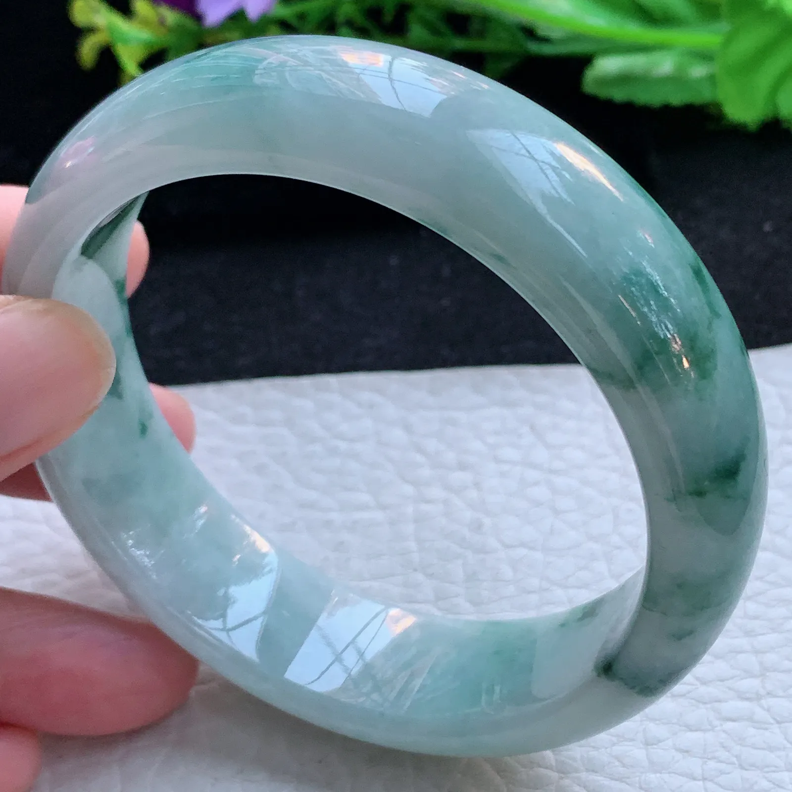 hh大圈口60*18*8.5轮胎镯 缅甸翡翠a货玉手镯飘花大气宽边玉手环