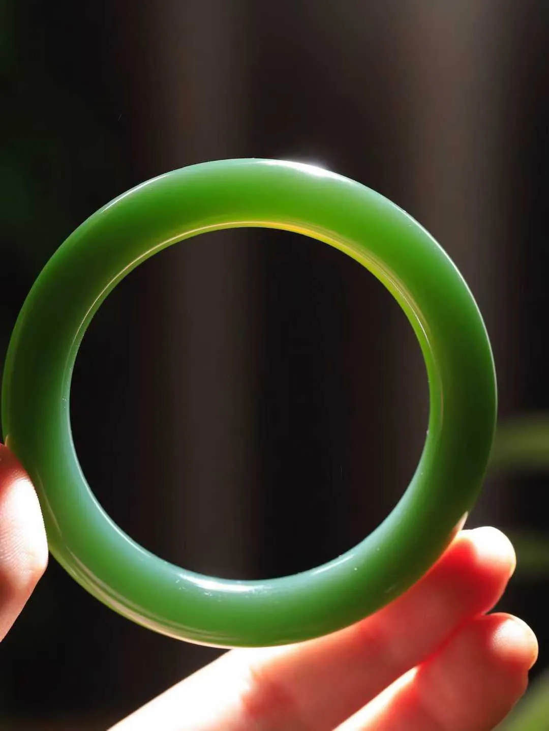 【碧色荡漾·手镯】

收藏级臻品和田玉碧玉猫眼圆条手镯，玉质细腻温润，手感舒适，️线条流畅，简约大气，美自天成，佩戴于腕间，婉约之美，举手投足间透出那份低调奢华，醉人心扉。重55.7克 内径圈口57mm尺寸10-10.5mm FDL-771102232