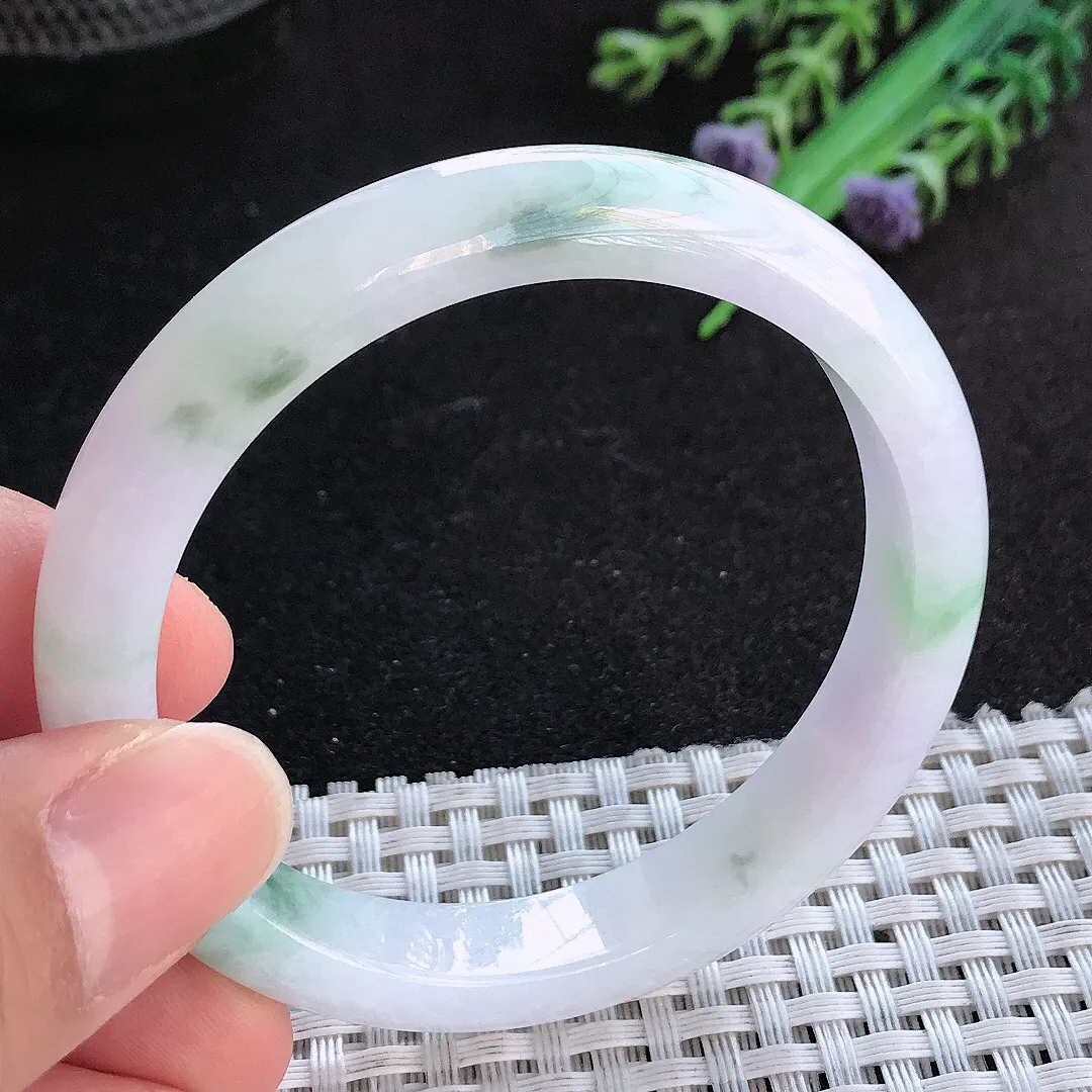 天然A货翡翠52.5/9.9/7.2老坑冰润飘花手镯宽边玉手镯