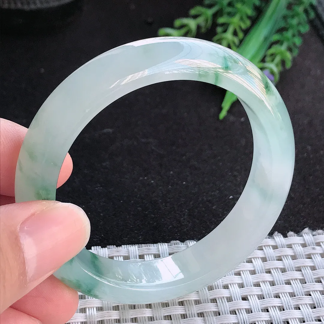 天然A货翡翠52/12.7/8老坑冰胶果冻冰飘花小圈口手镯宽边玉手镯