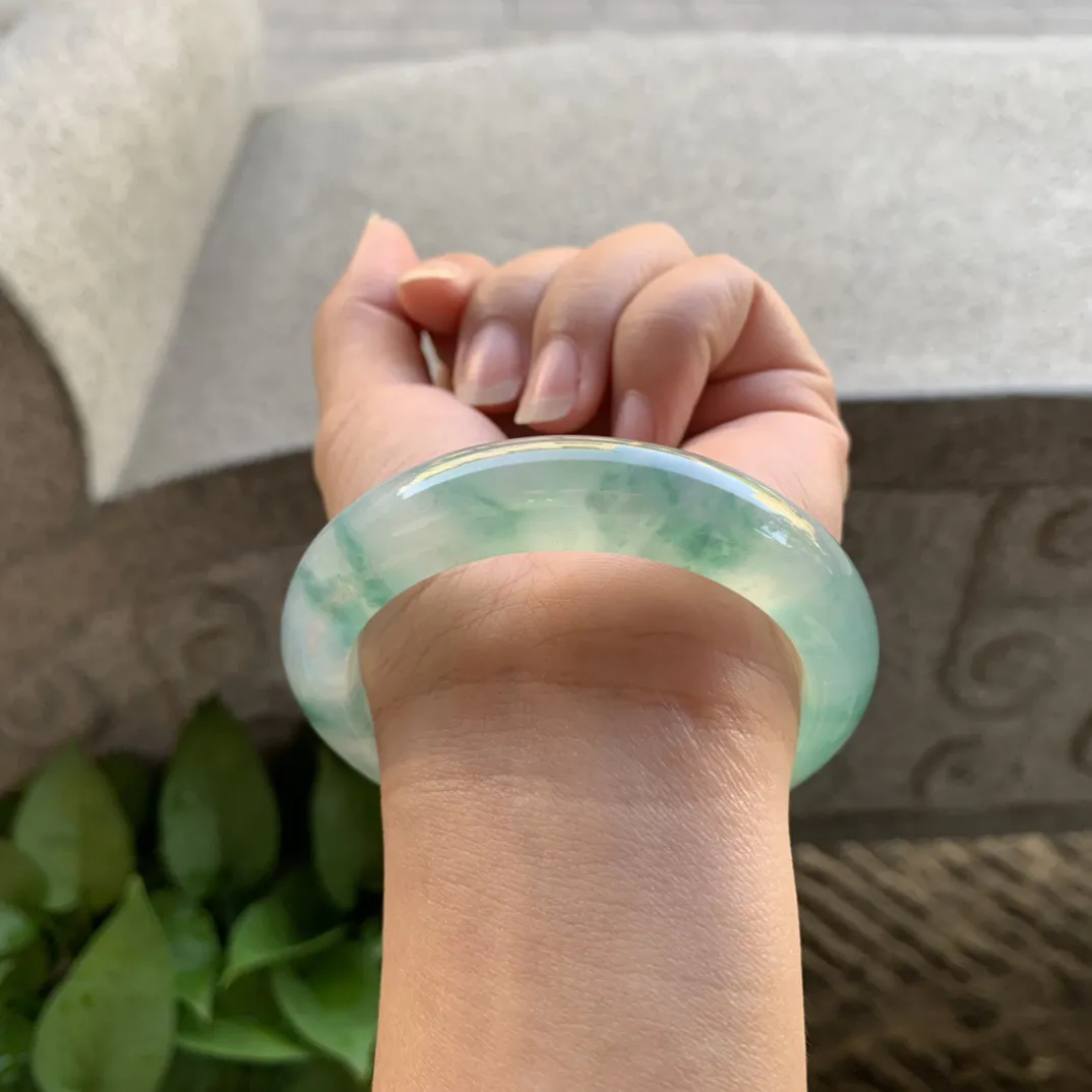 圈口 54.9-12.7-9.1【高冰飘绿正圈手镯】正圈54 55可戴