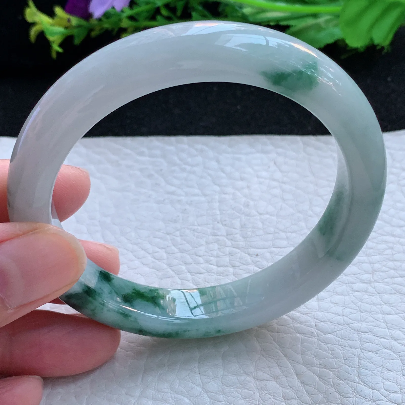 js大圈口58.5*11:8*8.3平安镯 缅甸翡翠a货玉手镯冰飘花宽边玉手环