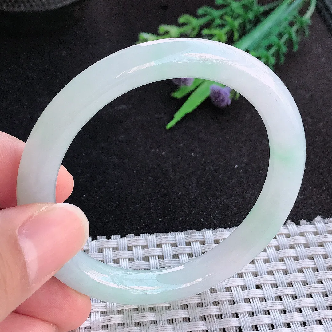 天然A货翡翠53/8.6老坑秀气冰胶冰晴圆条手镯玉手镯