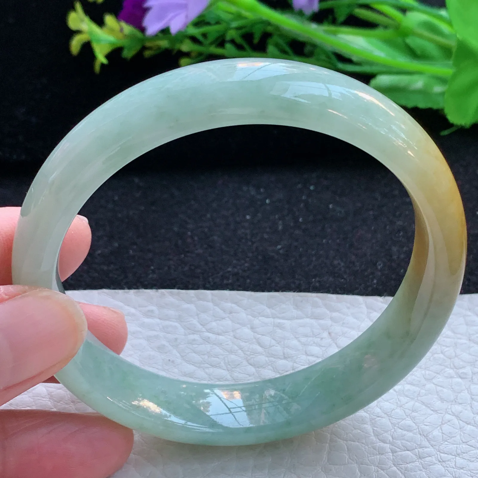 hh大圈口60*13.3*7.4招财镯 缅甸翡翠a货玉手镯冰双彩飘花宽边玉手环