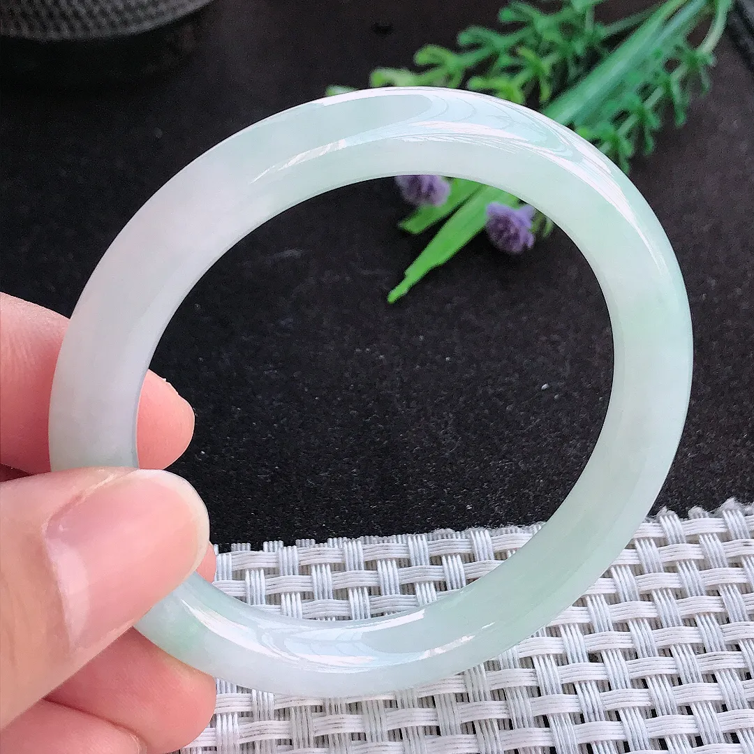 天然A货翡翠53/8.6老坑秀气冰胶冰晴圆条手镯玉手镯