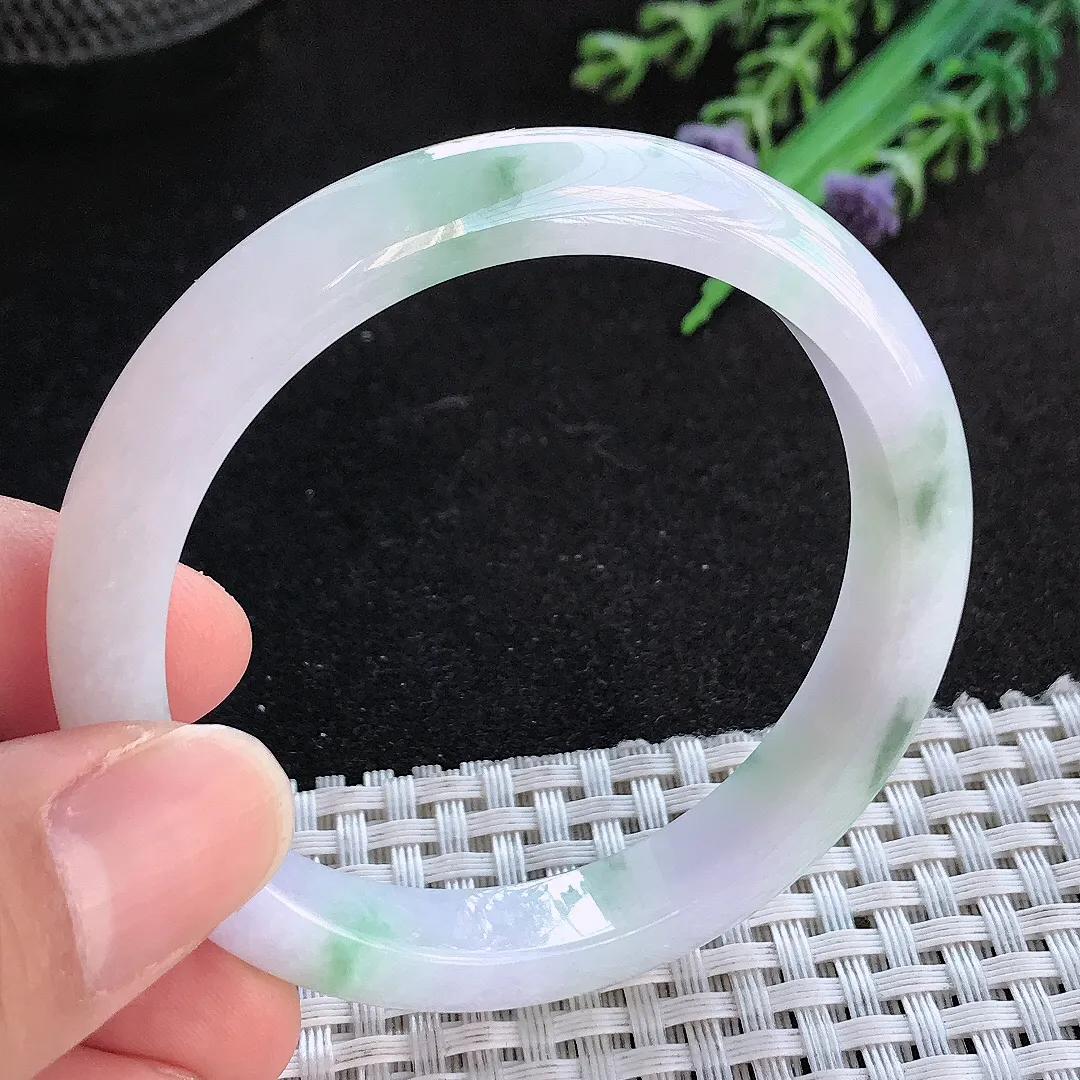 天然A货翡翠52.5/9.9/7.2老坑冰润飘花手镯宽边玉手镯