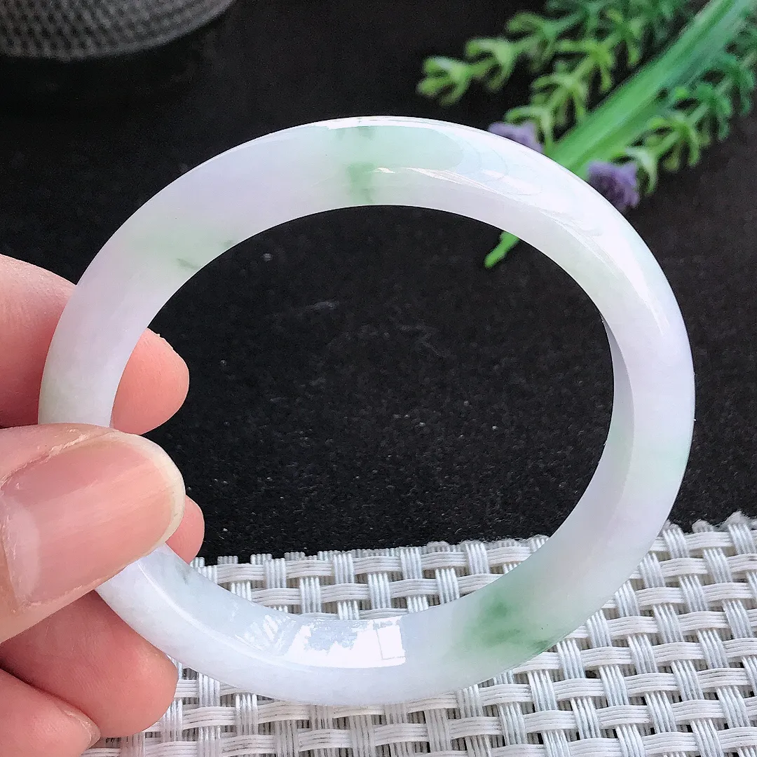 天然A货翡翠52.5/9.9/7.2老坑冰润飘花手镯宽边玉手镯