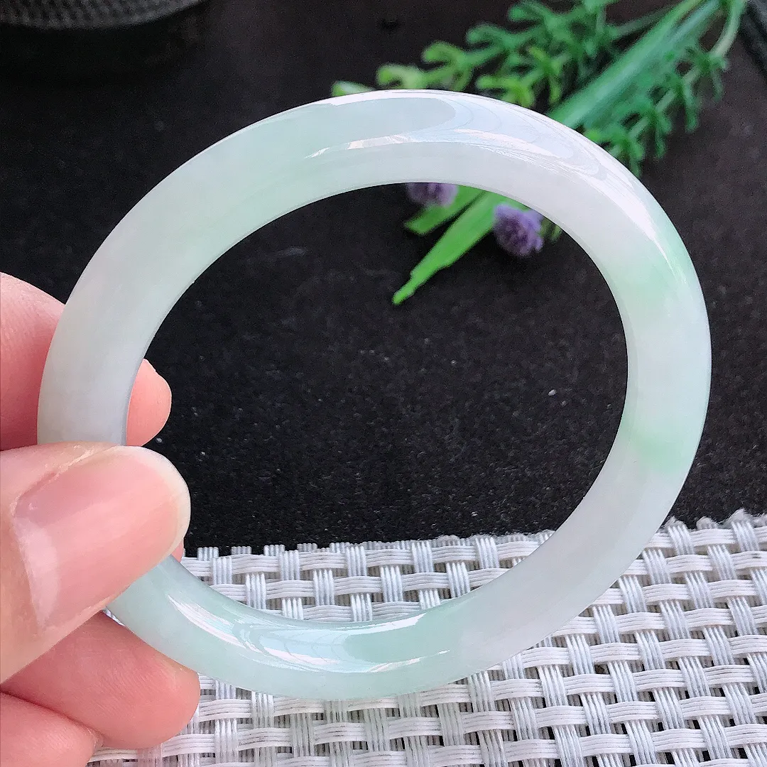 天然A货翡翠53/8.6老坑秀气冰胶冰晴圆条手镯玉手镯