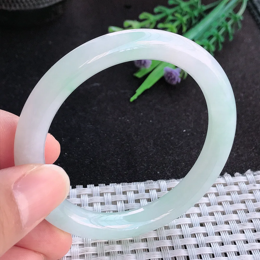 天然A货翡翠53/8.6老坑秀气冰胶冰晴圆条手镯玉手镯