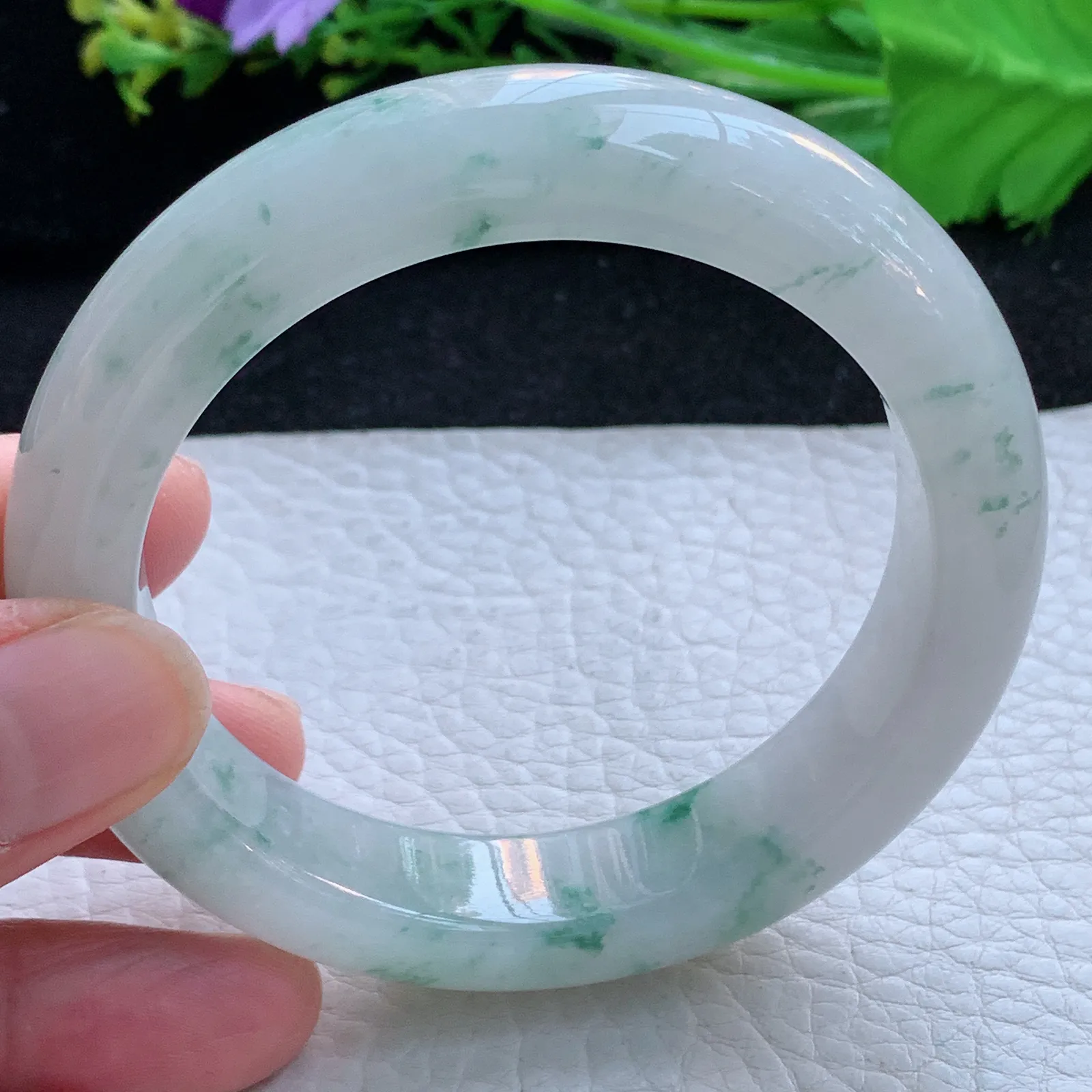 js自然光56*13.3*9.3平安镯 缅甸翡翠a货玉手镯冰飘花宽边玉手环