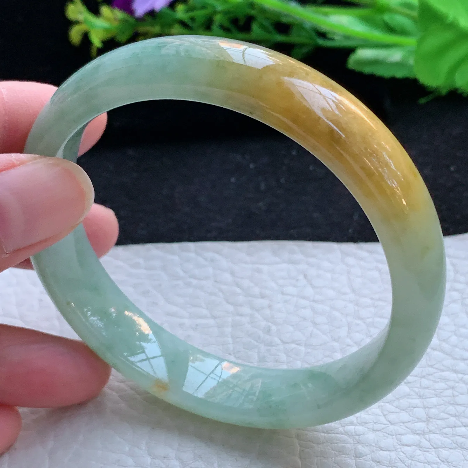 hh大圈口60*13.3*7.4招财镯 缅甸翡翠a货玉手镯冰双彩飘花宽边玉手环