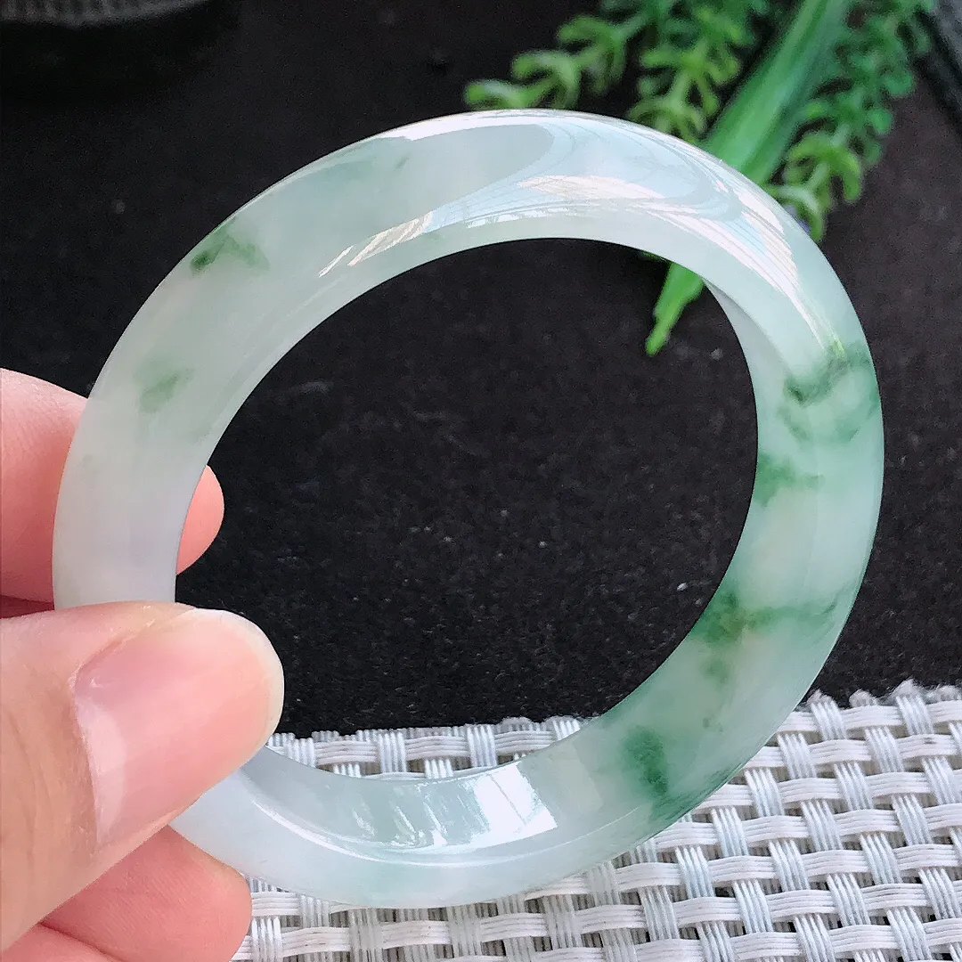 天然A货翡翠52/12.7/8老坑冰胶果冻冰飘花小圈口手镯宽边玉手镯