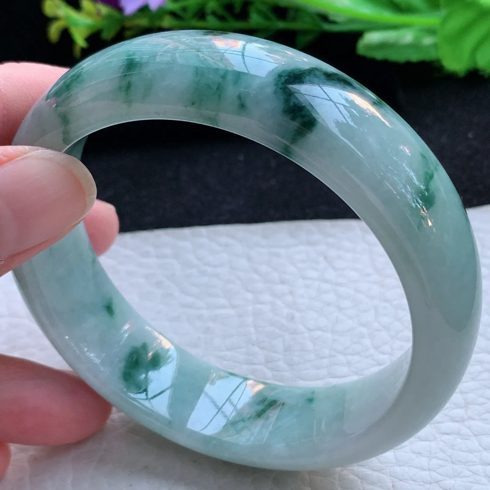 hh大圈口60*18*8.5轮胎镯 缅甸翡翠a货玉手镯飘花大气宽边玉手环