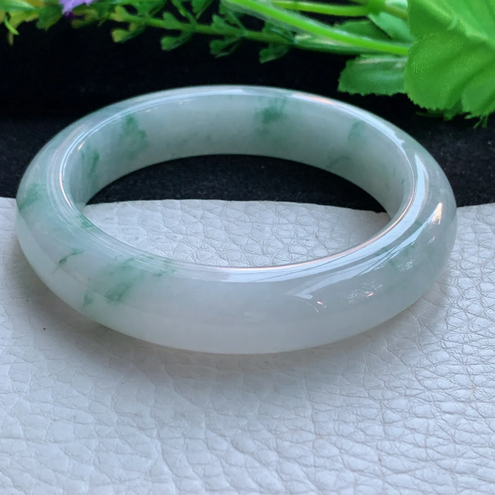 js自然光56*13.3*9.3平安镯 缅甸翡翠a货玉手镯冰飘花宽边玉手环