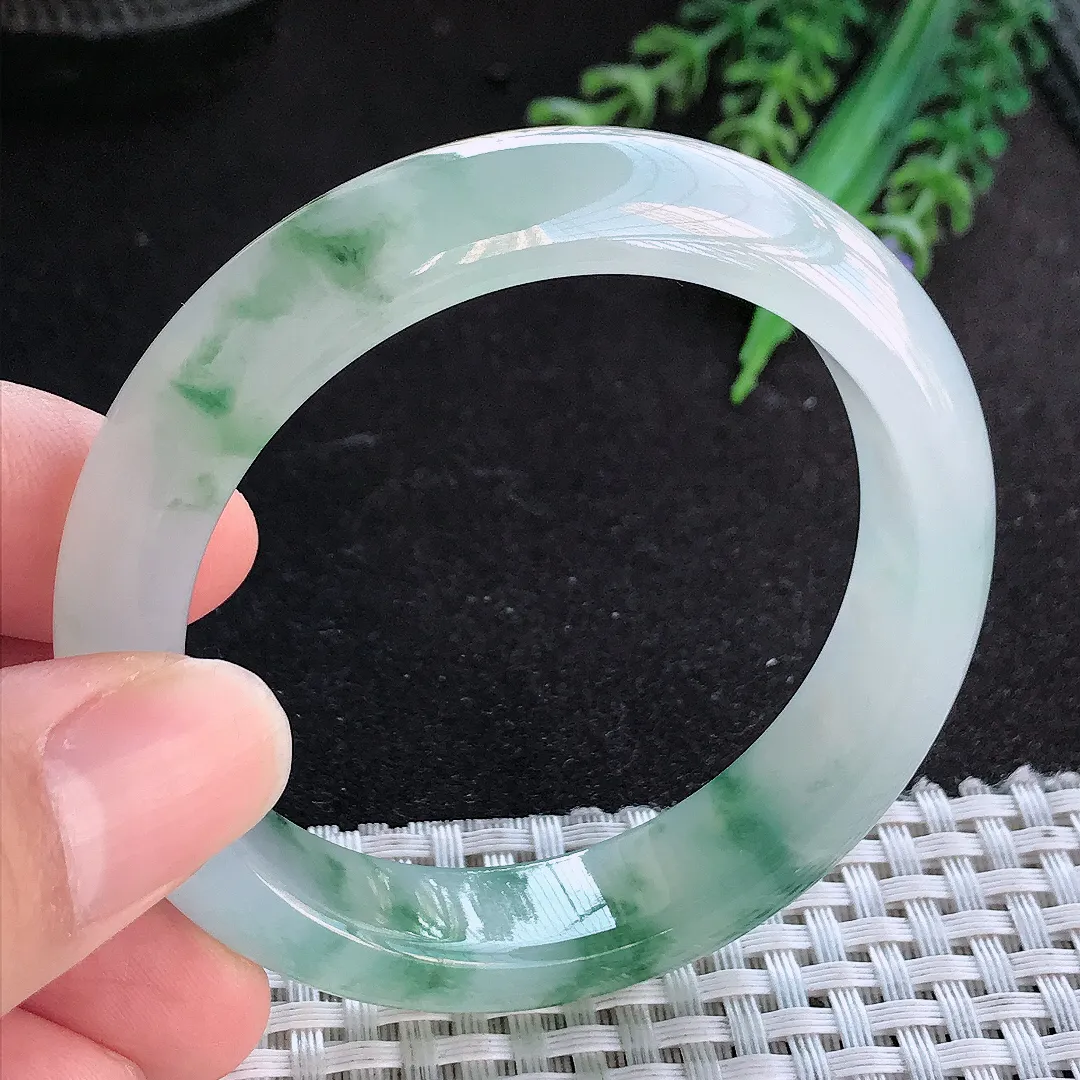 天然A货翡翠52/12.7/8老坑冰胶果冻冰飘花小圈口手镯宽边玉手镯