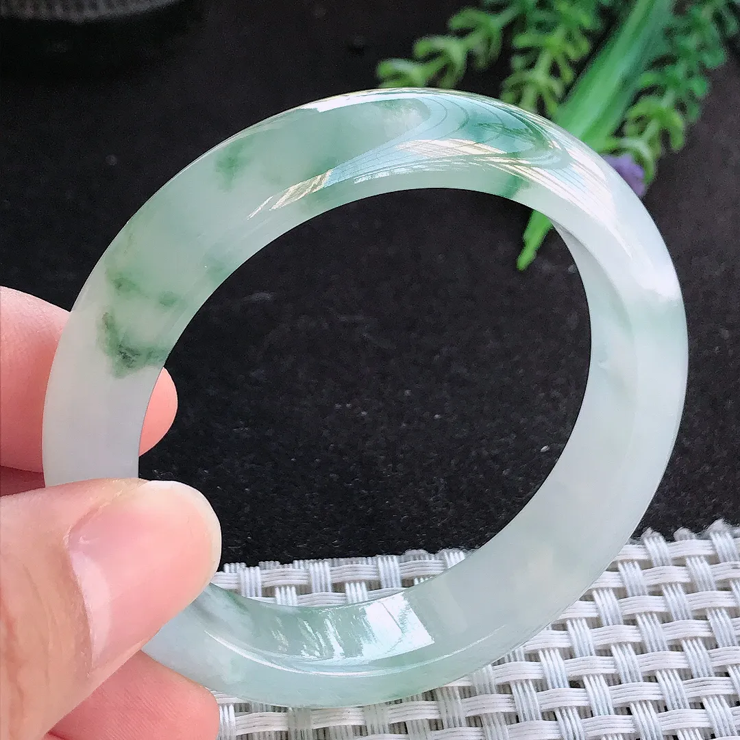 天然A货翡翠52/12.7/8老坑冰胶果冻冰飘花小圈口手镯宽边玉手镯