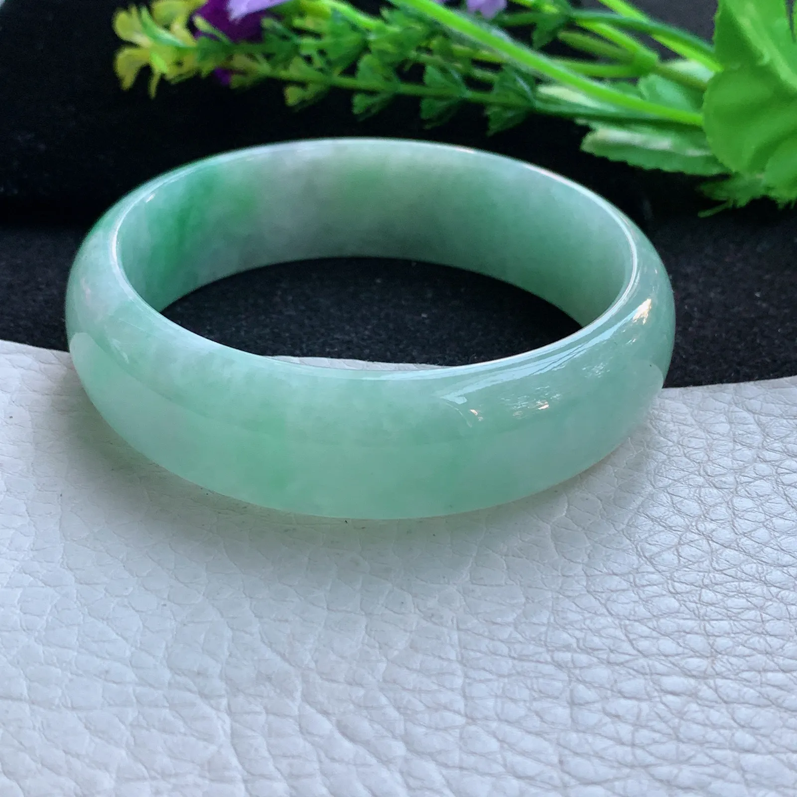 hh大圈口59.5**17.6*7.2轮胎镯 缅甸翡翠a货玉手镯飘绿大气宽边玉手环