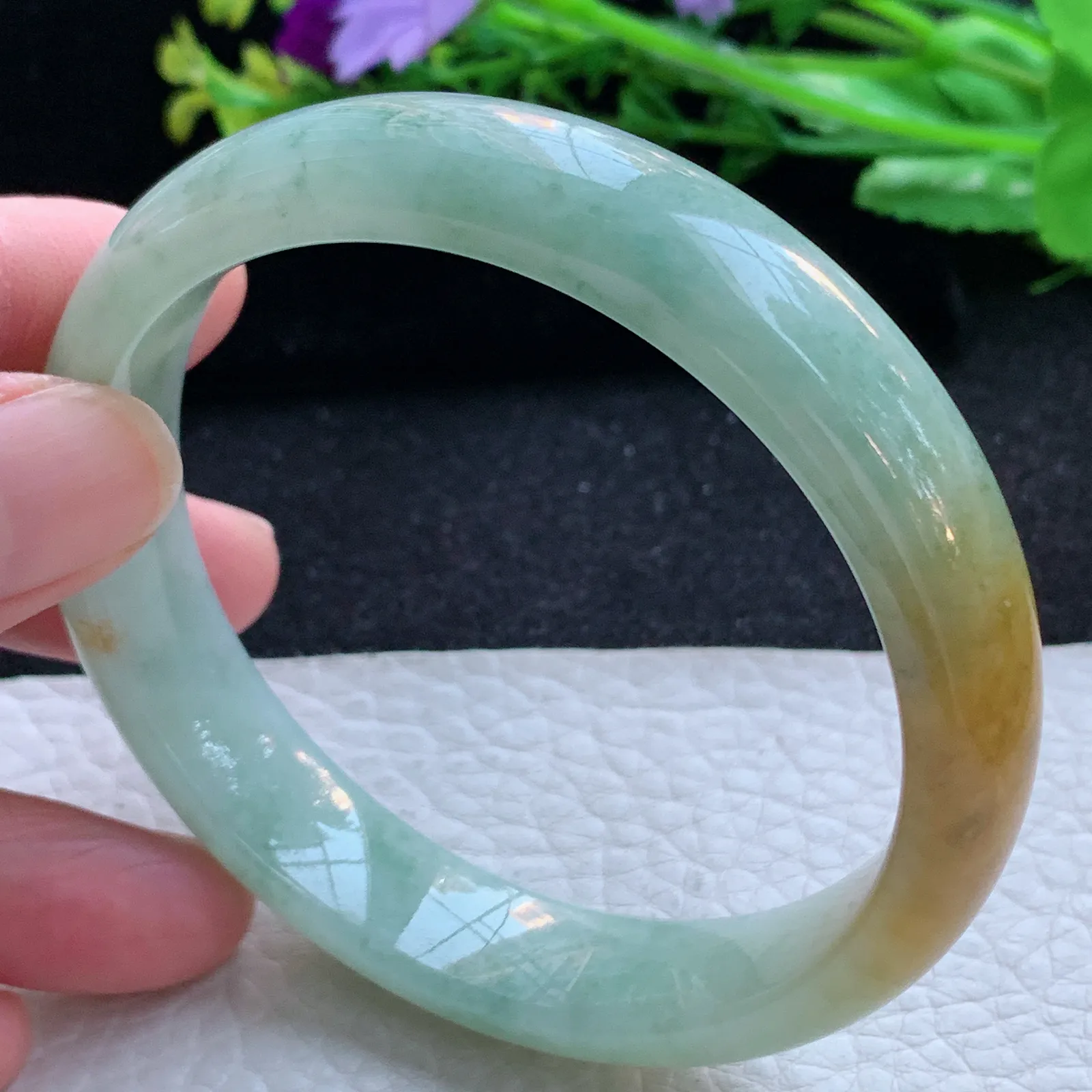 hh大圈口60*13.3*7.4招财镯 缅甸翡翠a货玉手镯冰双彩飘花宽边玉手环