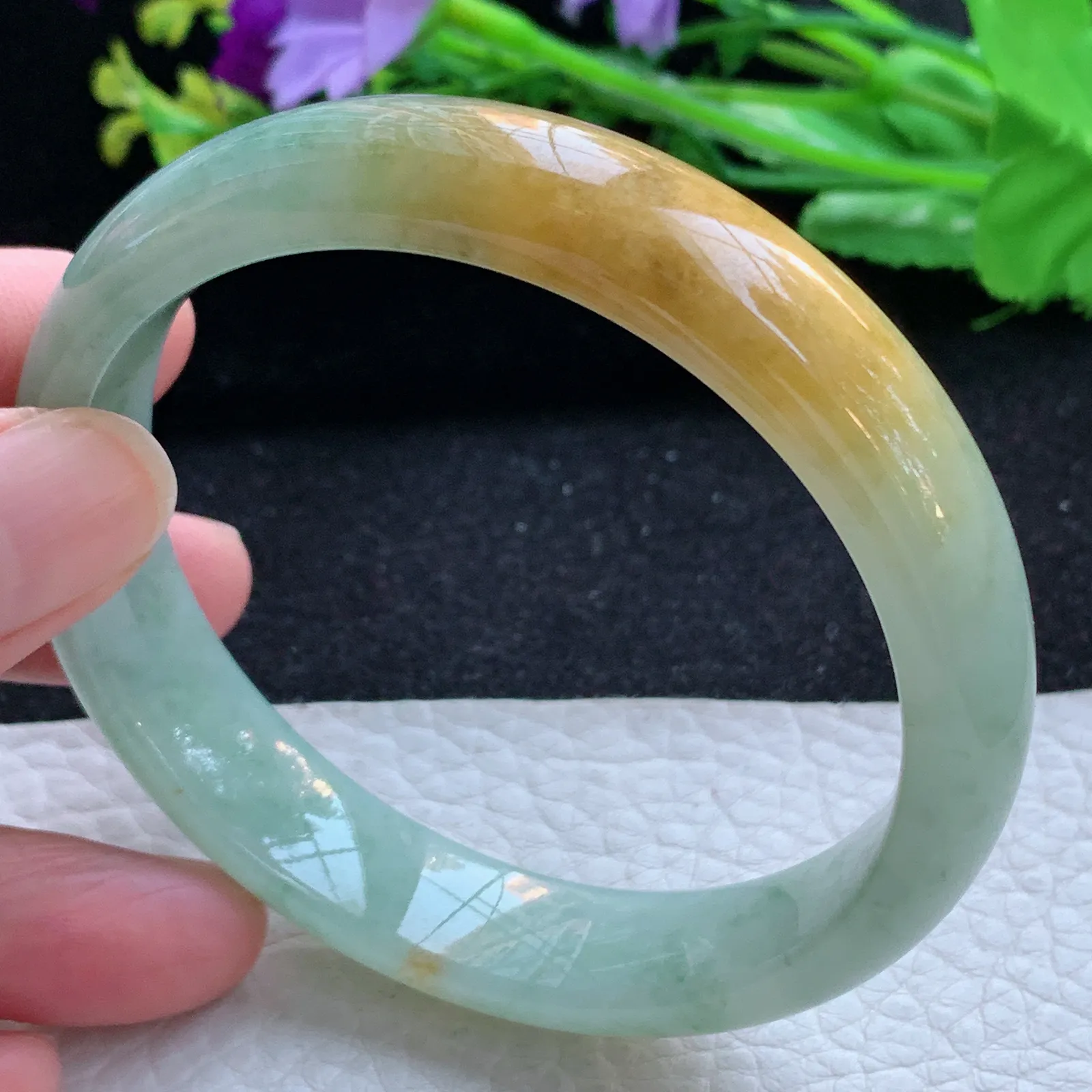 hh大圈口60*13.3*7.4招财镯 缅甸翡翠a货玉手镯冰双彩飘花宽边玉手环