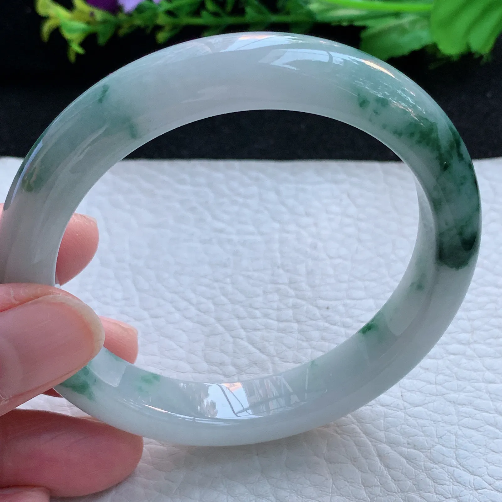 js大圈口58.5*11:8*8.3平安镯 缅甸翡翠a货玉手镯冰飘花宽边玉手环