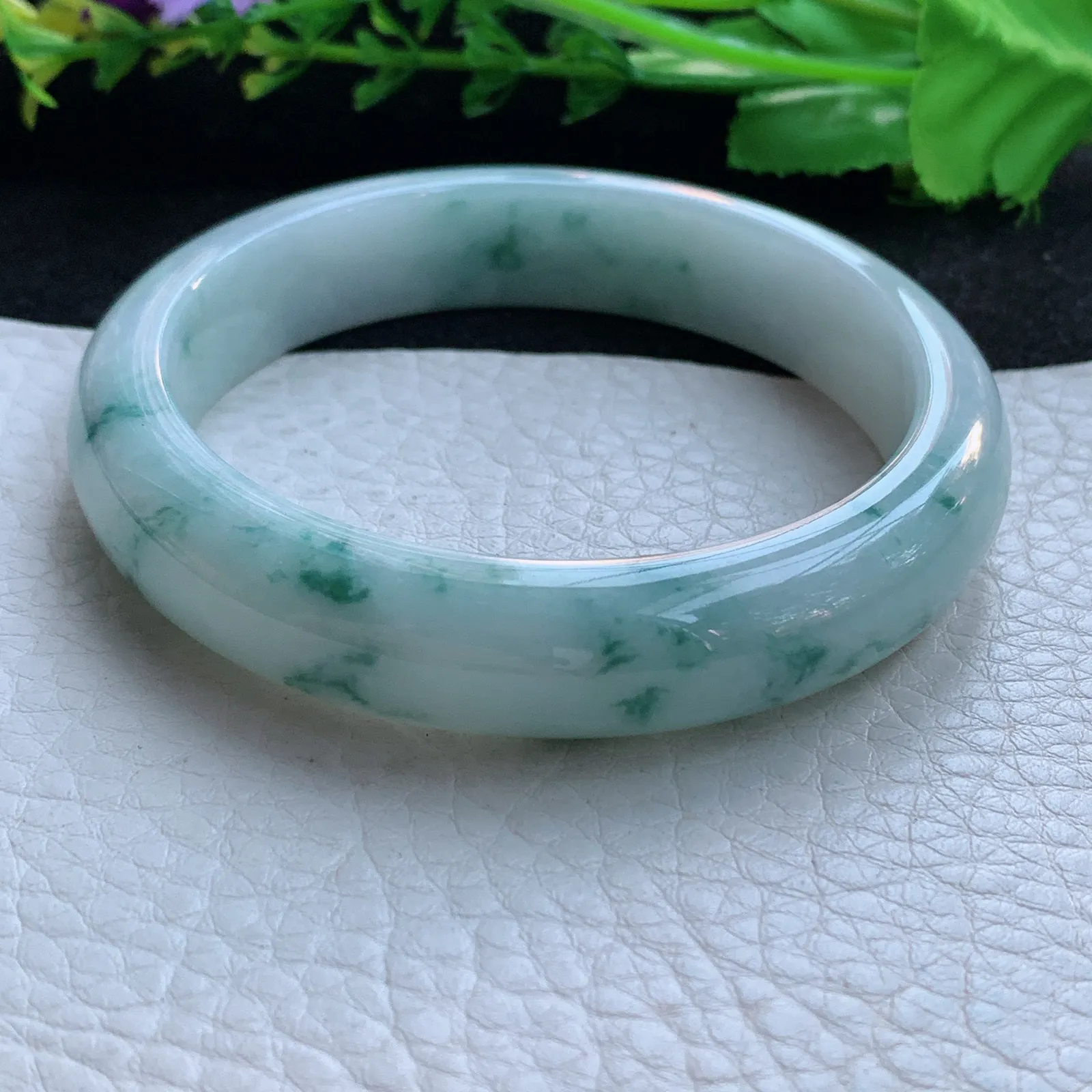 js自然光58.5*13*8平安镯 缅甸翡翠a货玉手镯飘花宽边玉手环