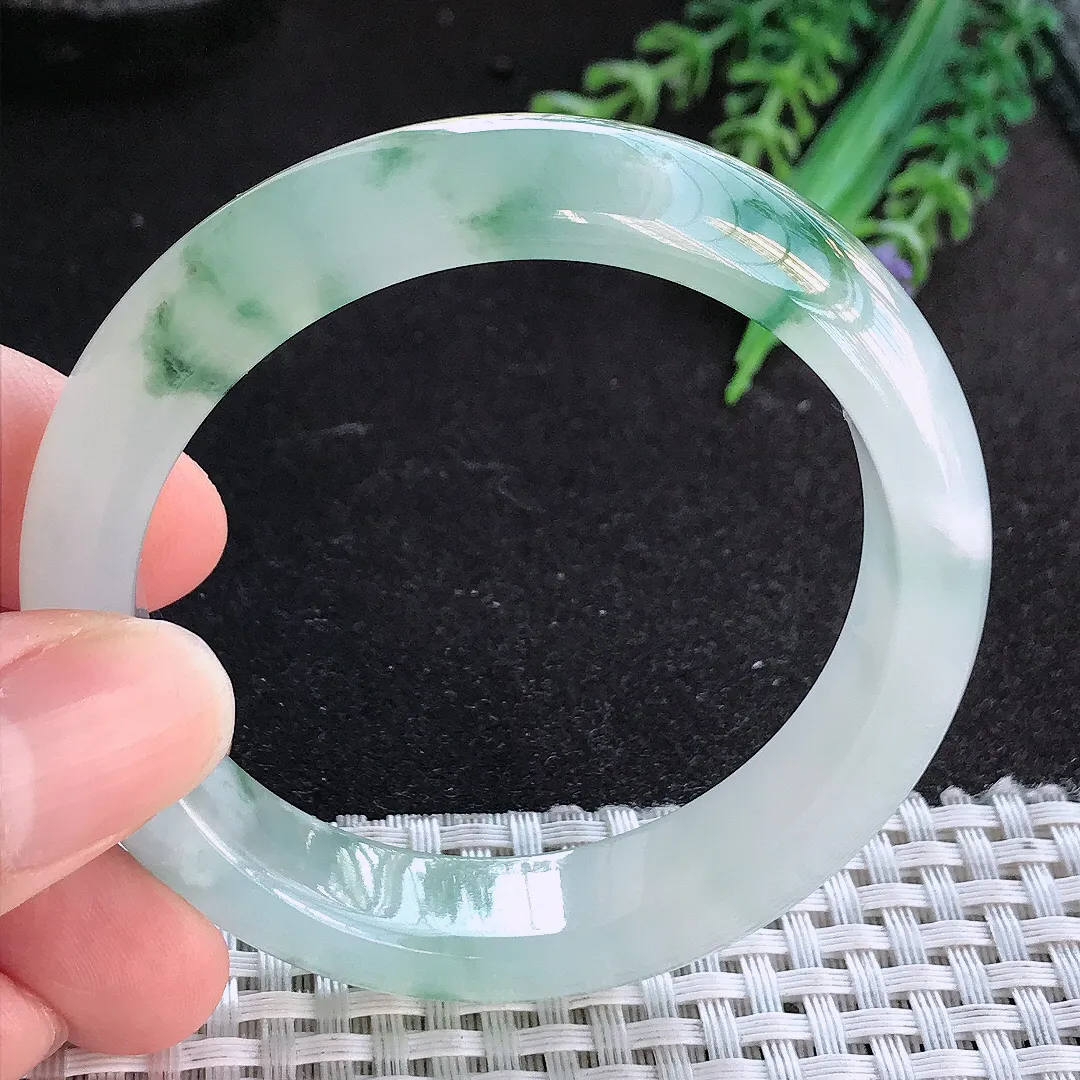 天然A货翡翠52/12.7/8老坑冰胶果冻冰飘花小圈口手镯宽边玉手镯